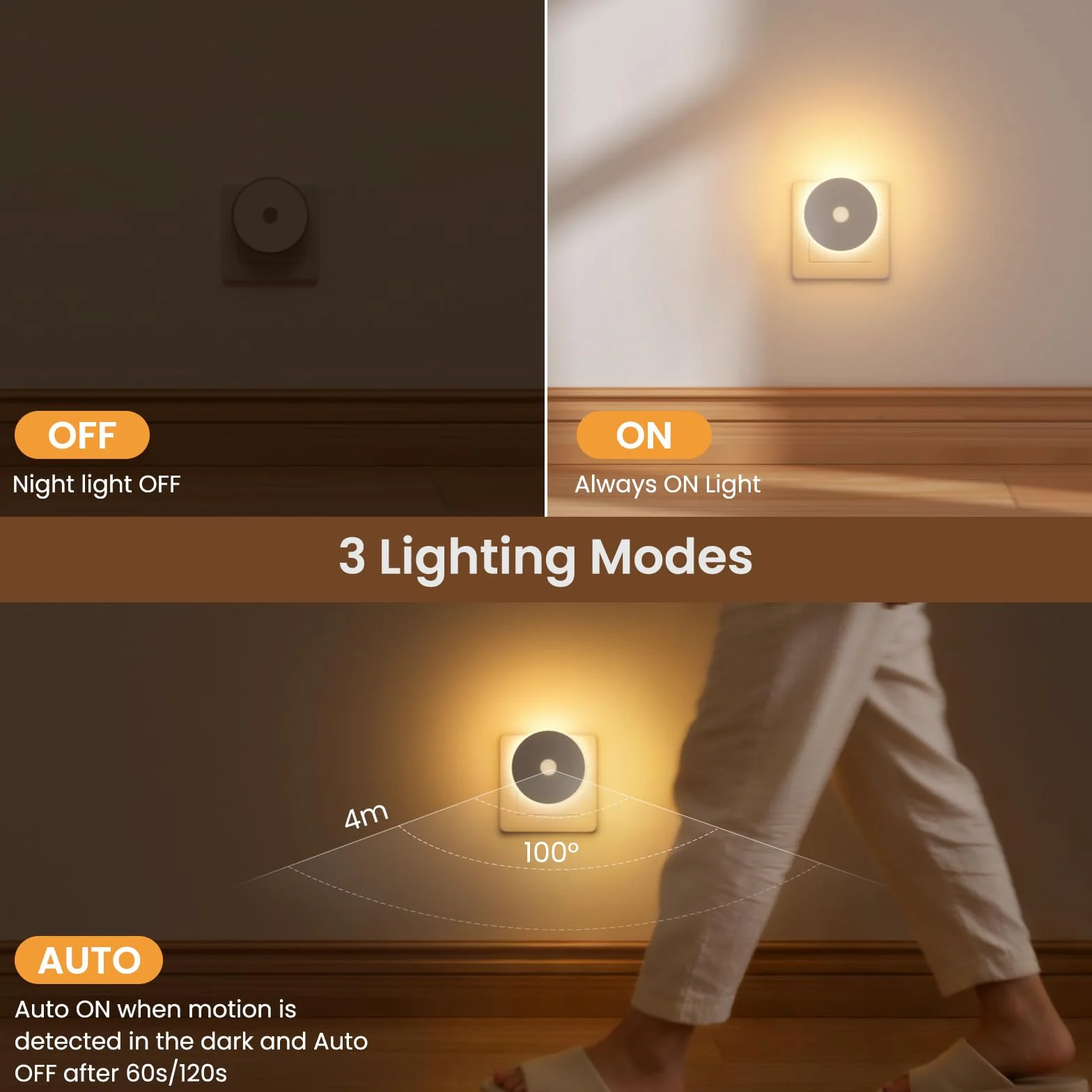 Luz Nocturna Infantil 2 Pcs, LED con Sensor de Movimiento, Enchufable Brillo Ajustable, 3 Modos AUTO/ON/OFF, Blanco Cálido