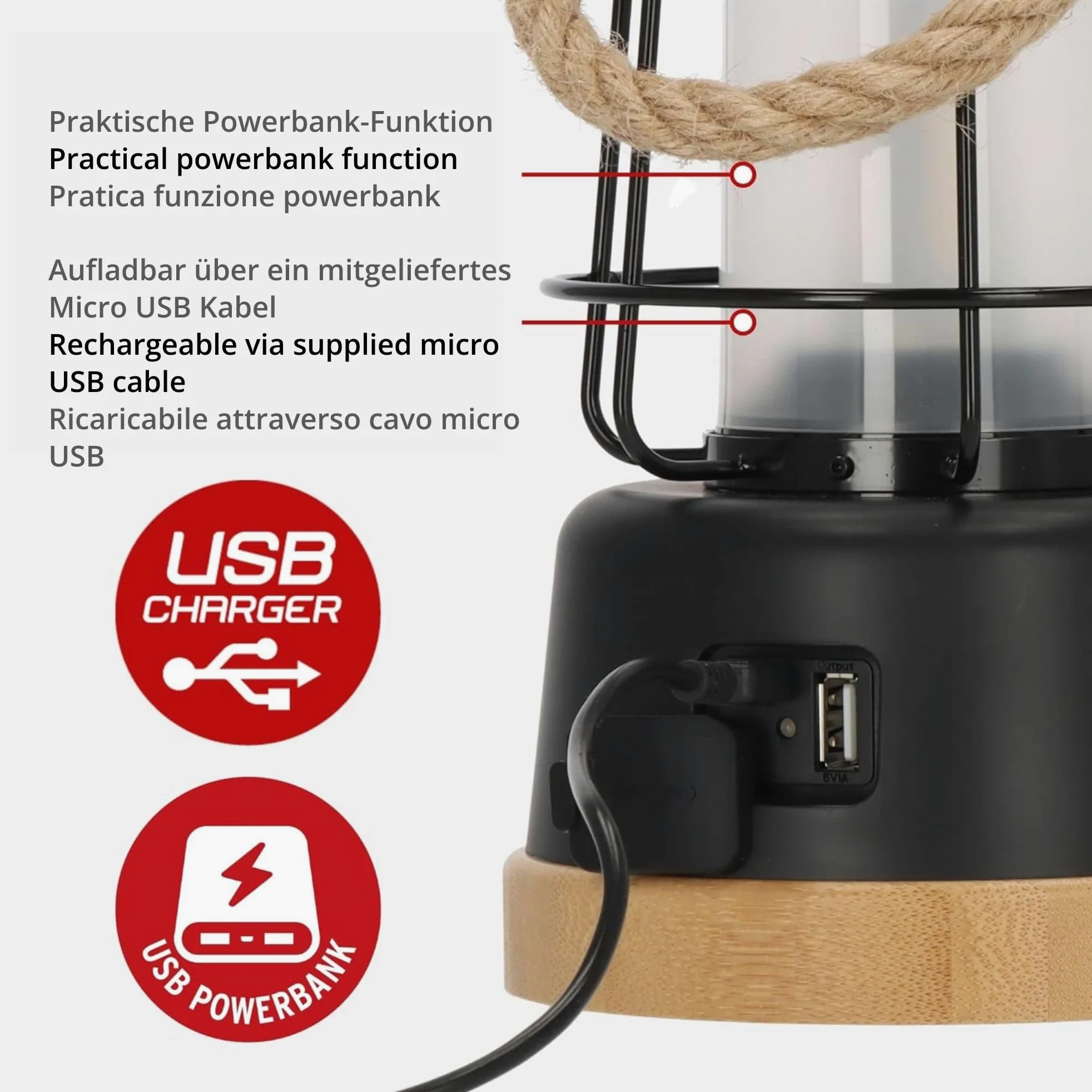 Brennenstuhl linterna camping recargable/lámpara de camping CAL 1 con cuerda de cáñamo y base de bambú (350lm, IP44, hasta 75h de iluminación, luz regulable, power bank)
