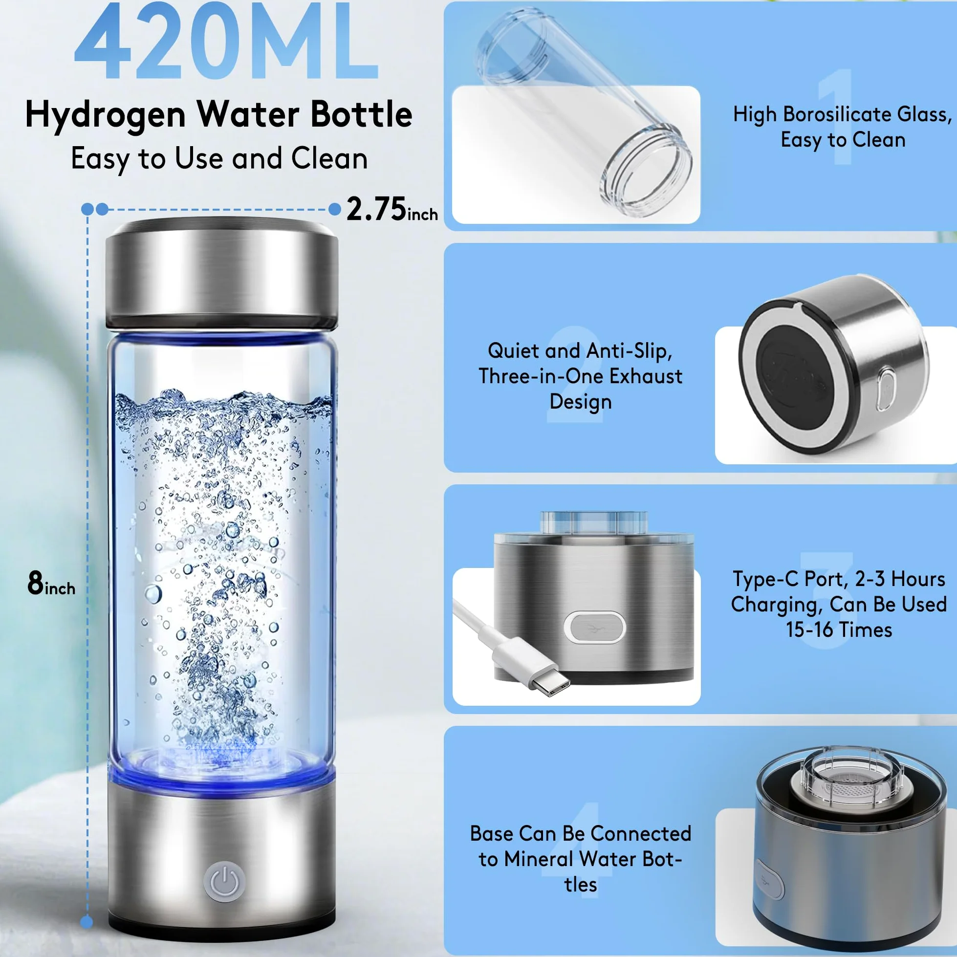 Generador de botella de agua de hidrógeno 3 en 1, marca de agua de hidrógeno de hasta 4000 PPB, SPE/PEM Tech-3 minutos rico en hidrógeno para beber e inhalar, limpieza automática, portátil para el