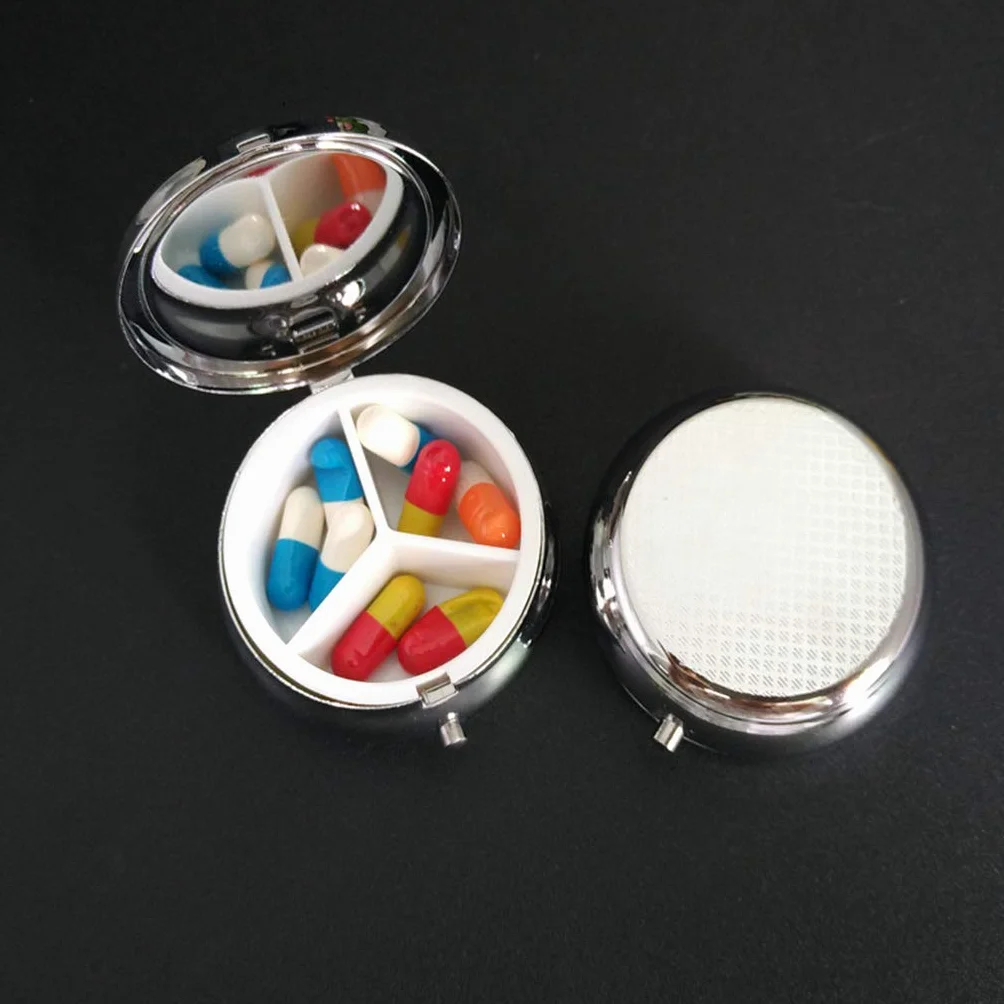 Pastillero Metalico Pequeño Redondo 3 Compartimentos Portátil con Espejo Caja Medicamentos Impermeable Organizador