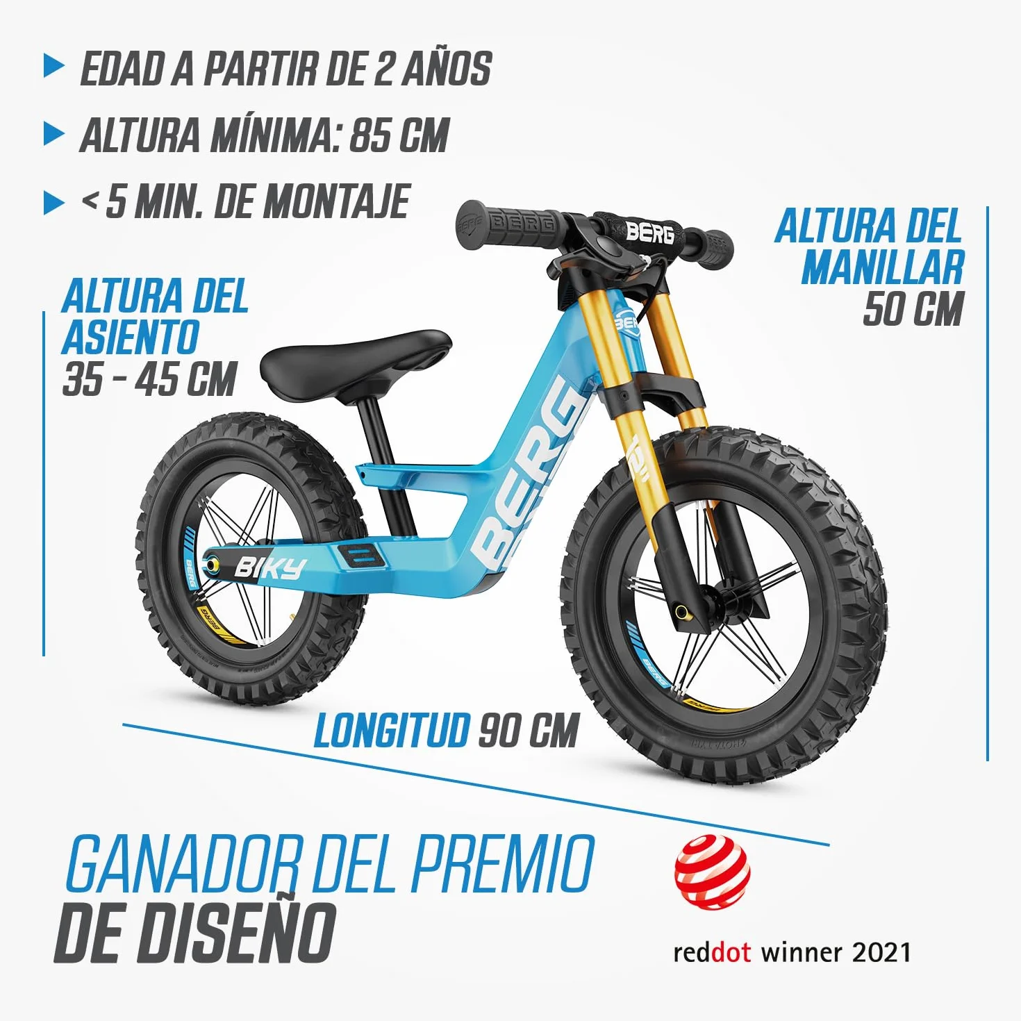 BERG Bicicleta sin Pedales Biky | 2,5-5 años, 12 pulgadas, con freno de mano, cuadro ligero de magnesio, ruedas hinchables