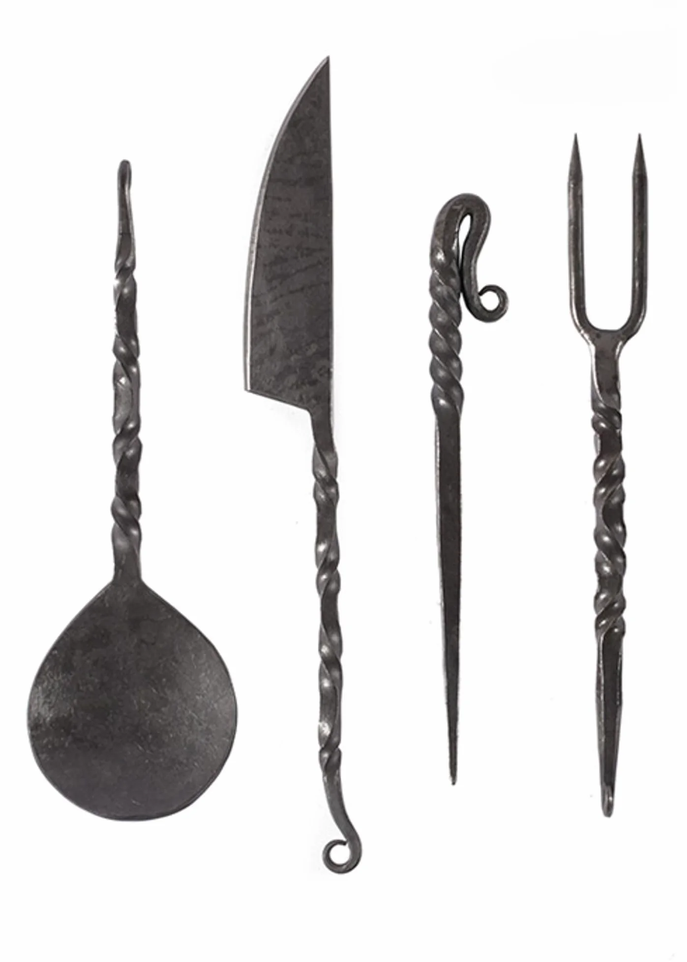 Cubiertos medievales forjados a mano de 4 piezas, con funda de piel: cuchillo, tenedor, cuchara y punzón para comer medieval / vikingo - varios tipos de mangos (con mangos de madera)