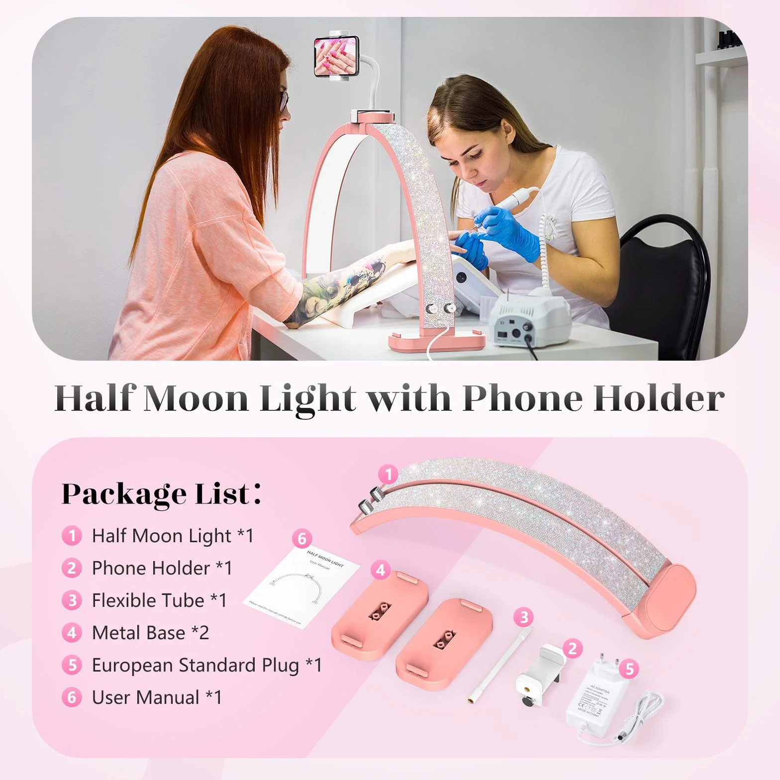 Media Luna Lámpara para Uñas 30" con Soporte 3 Modos Color 10 Niveles Brillo Ajustable Manicura Diamante Rosa