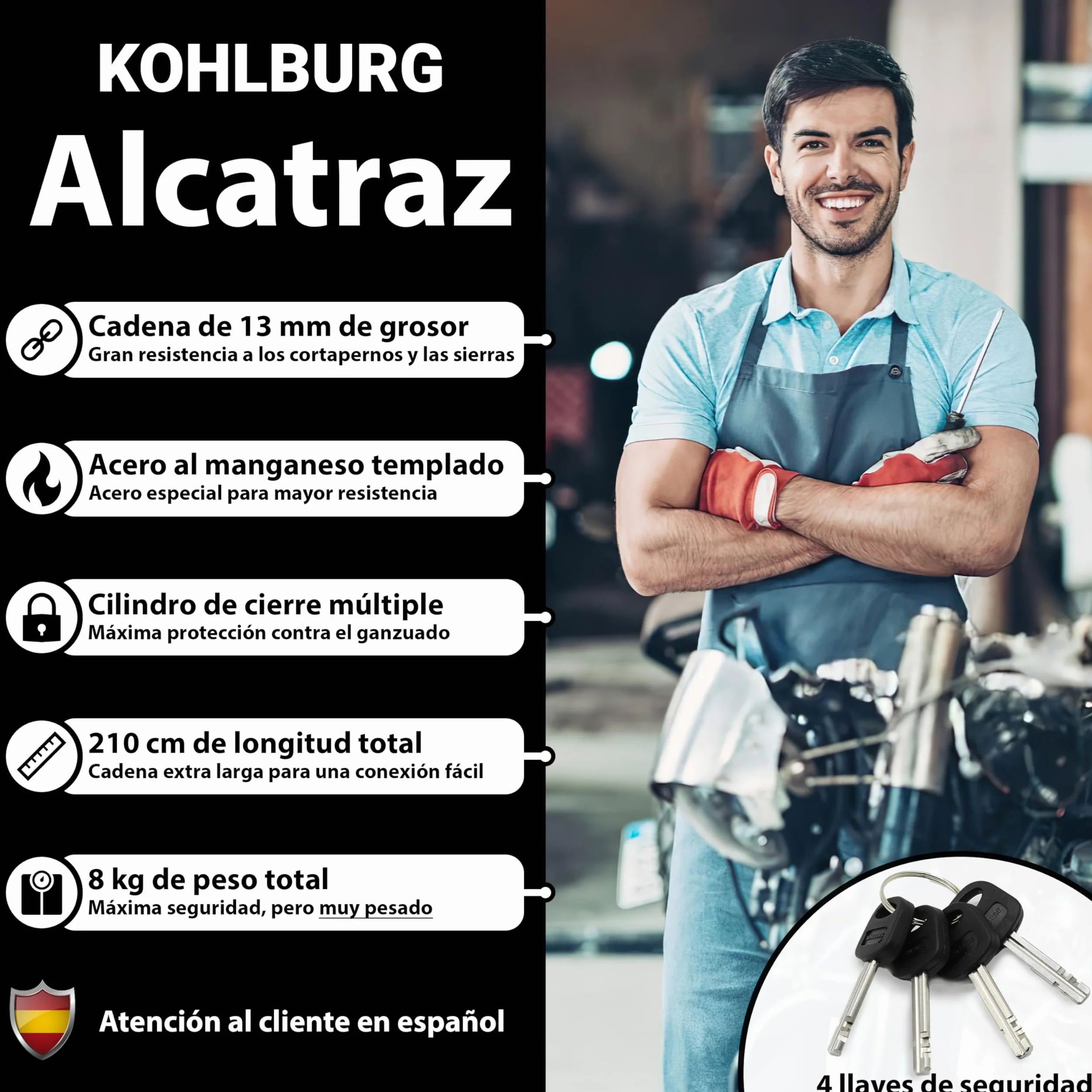 KOHLBURG antirrobo de cadena macizo para moto 8kg, 210 cm de longitud con nuestro nivel de seguridad más alto 15+ de 15, cadena de acero de 13 mm super robusta como candado para moto, scooter y e-bike