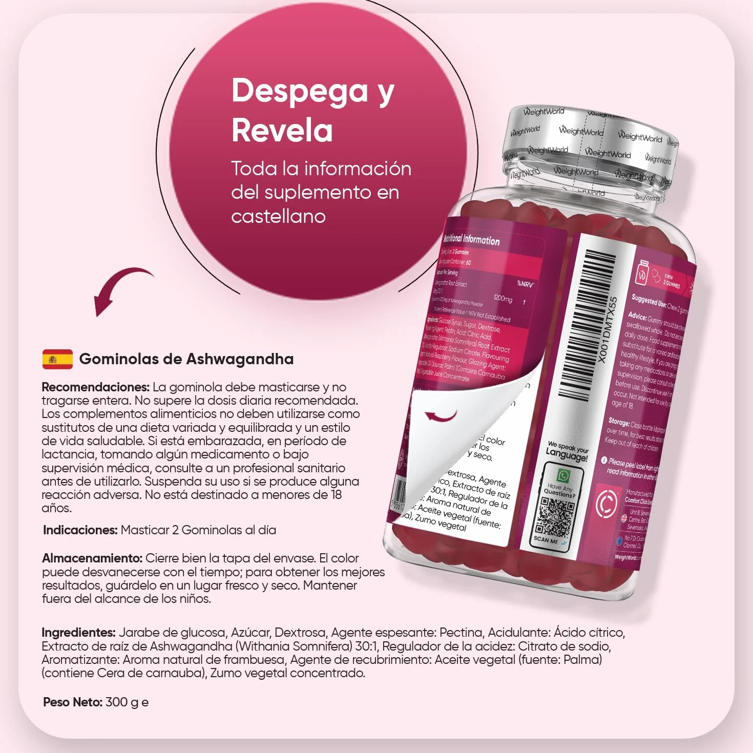 Ashwagandha Gominolas 1200mg 120 Gomitas Veganas Sabor Frambuesa Suplemento Ayurveda Withania Somnifera Sin Gluten OGM