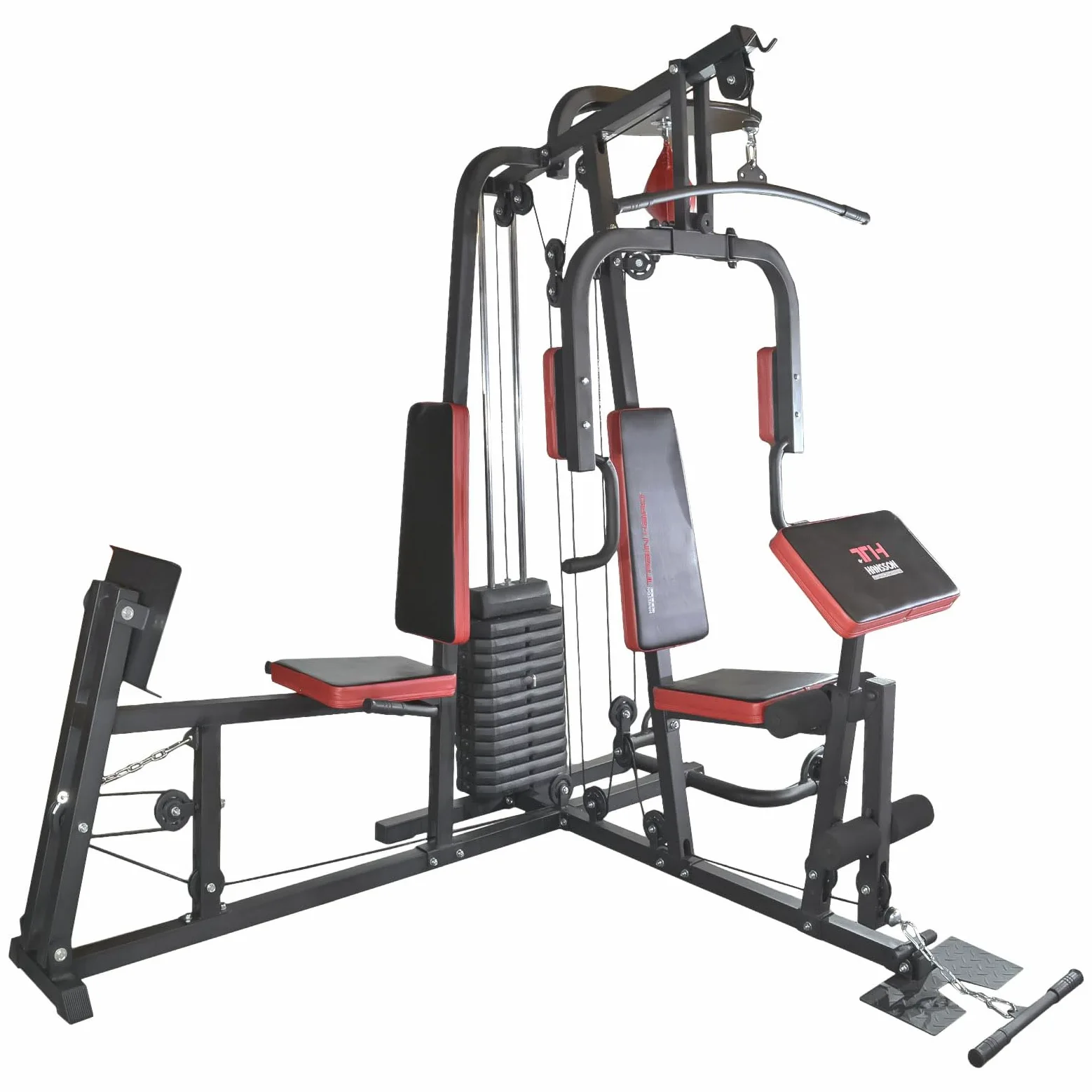 Trainhard HomeGym Multi estación de gimnasio con 65 kg pesos con las piernas de prensa, Speedball-plataforma y push-up Bar