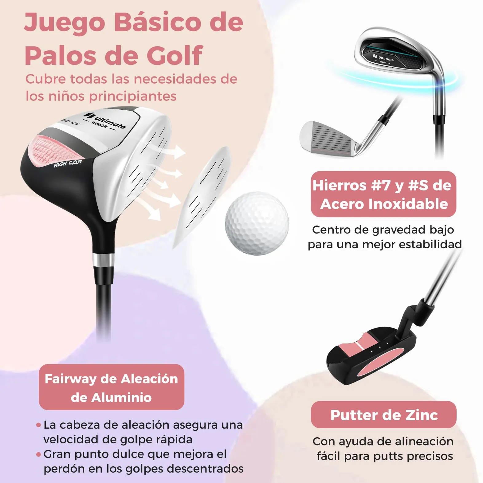 COSTWAY Juego de Palos de Golf para Niños de 8 a 10 Años, Incl. Bolsa de Soporte con Capucha para Lluvia, Driver n.º 1, Hierros y Putter n.º 7#S para Niños y Niñas, Diestros