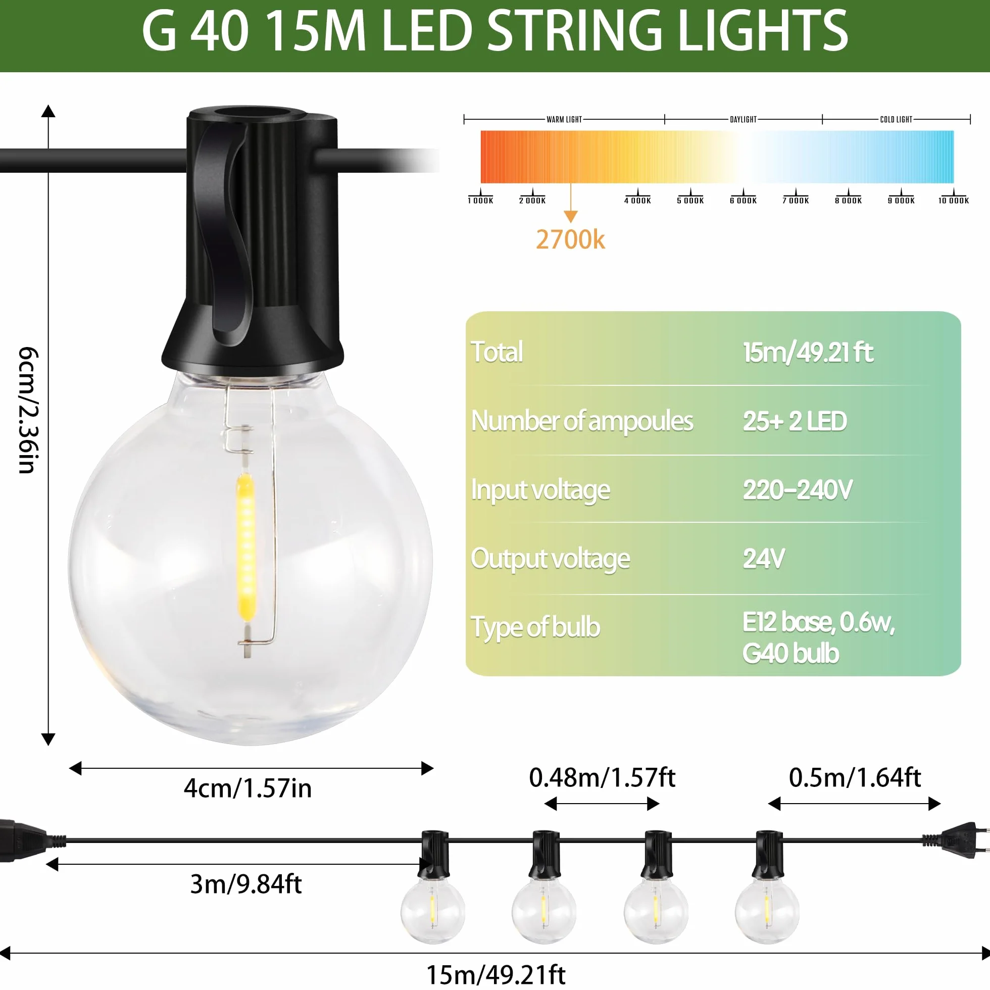 Guirnalda Luces Exterior 15M G40 LED IP44 2700K Blanco Cálido Impermeable Enchufable para Jardín Patio Fiesta