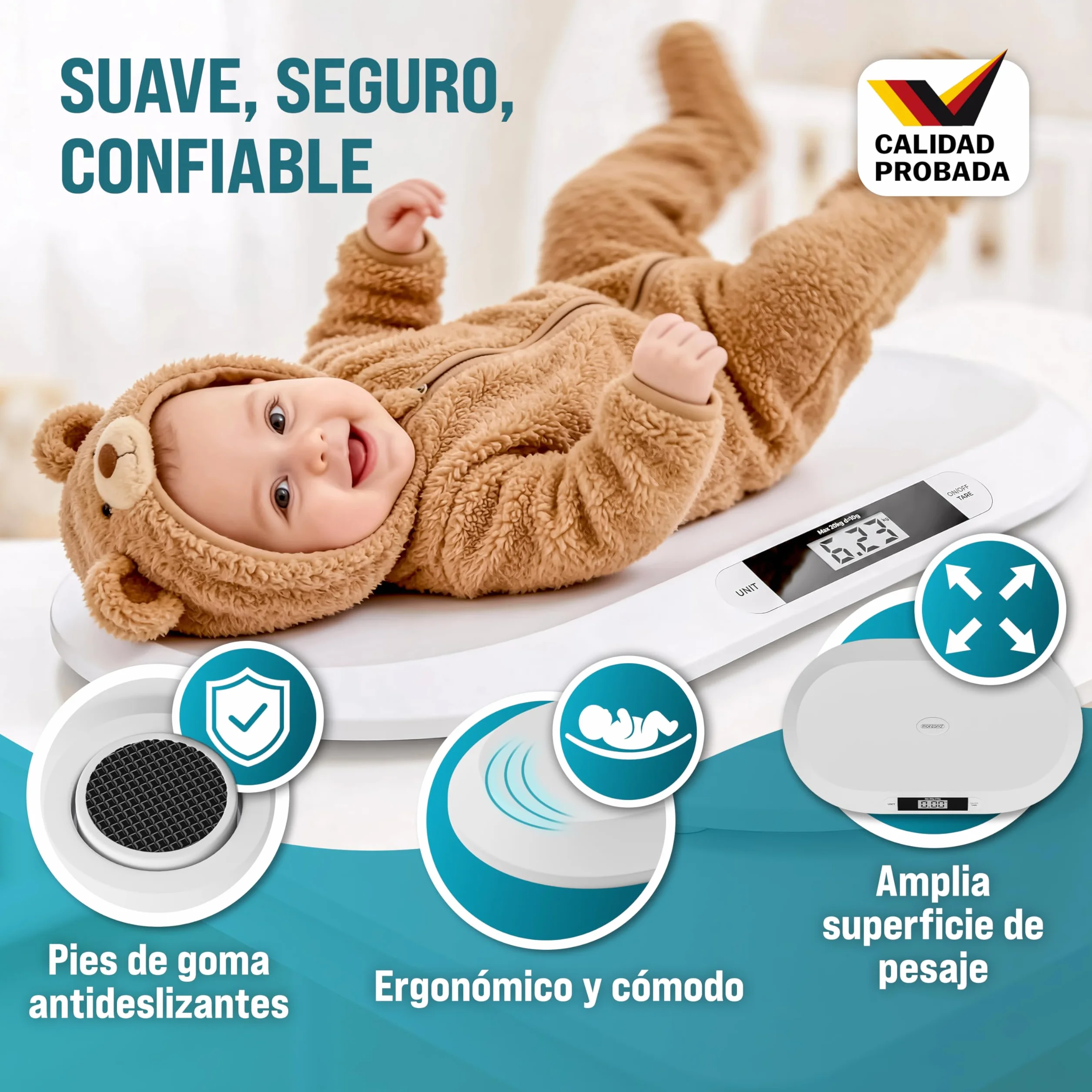 MONZANA Báscula Bebé Digital 20Kg Pantalla LED Apagado Automático Tara Retención Recién Nacidos Mascotas