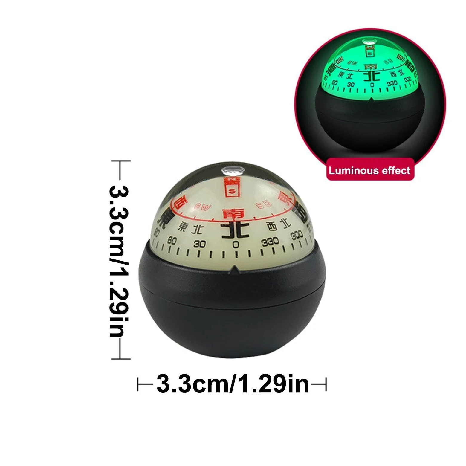 Bola de brújula automotriz | Tablero de instrumentos de coche y barco con esfera de brújula de doble esfera | Soporte de tablero de diseño luminoso, para coches, barcos, vehículos al aire libre