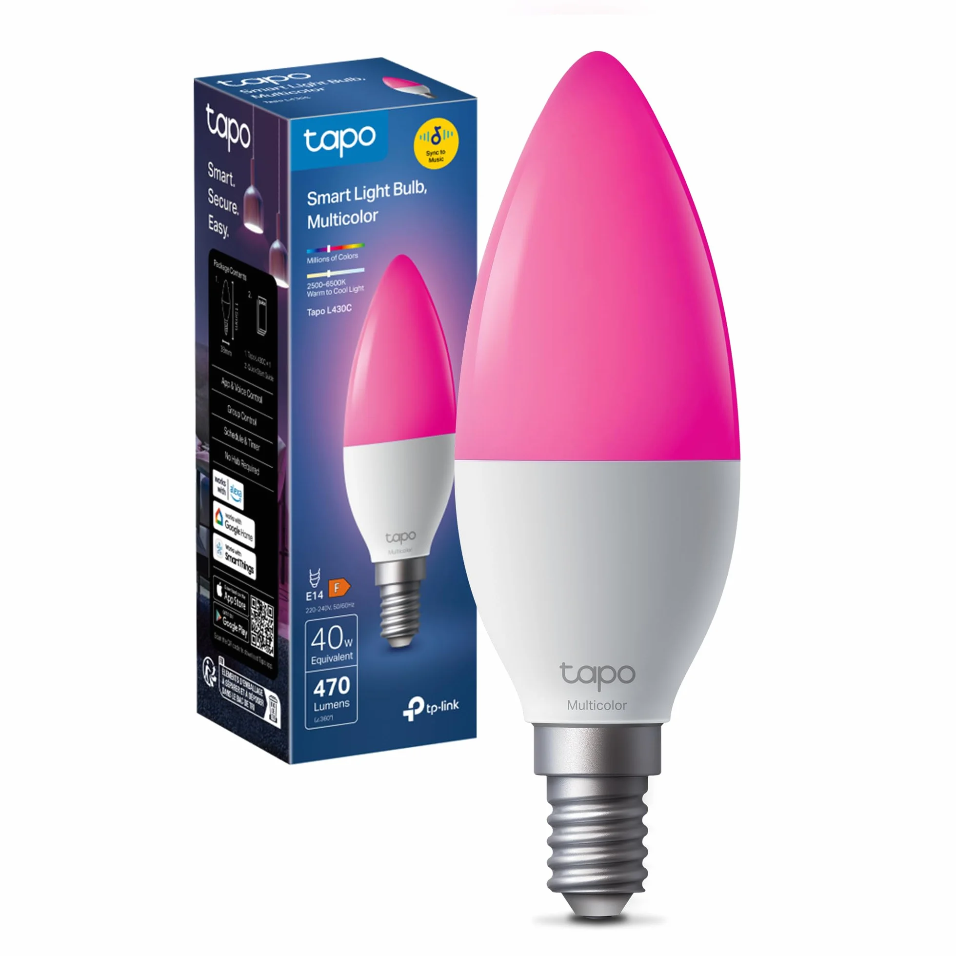 Tapo L430C Bombilla LED E14 WiFi Multicolor 2500K-6500K Regulable 40W 470Lm Alexa Control de Voz