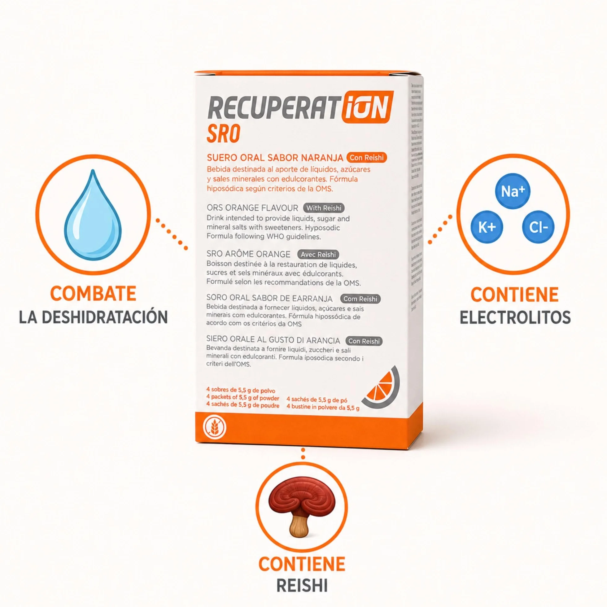 Suero Oral en Polvo con Reishi y Prebiótico Rehidratación Oral Gastroenteritis Vómitos Niños Adultos Sabor Naranja Sin Gluten Ni Lactosa Pack 4 Sobres Veganos