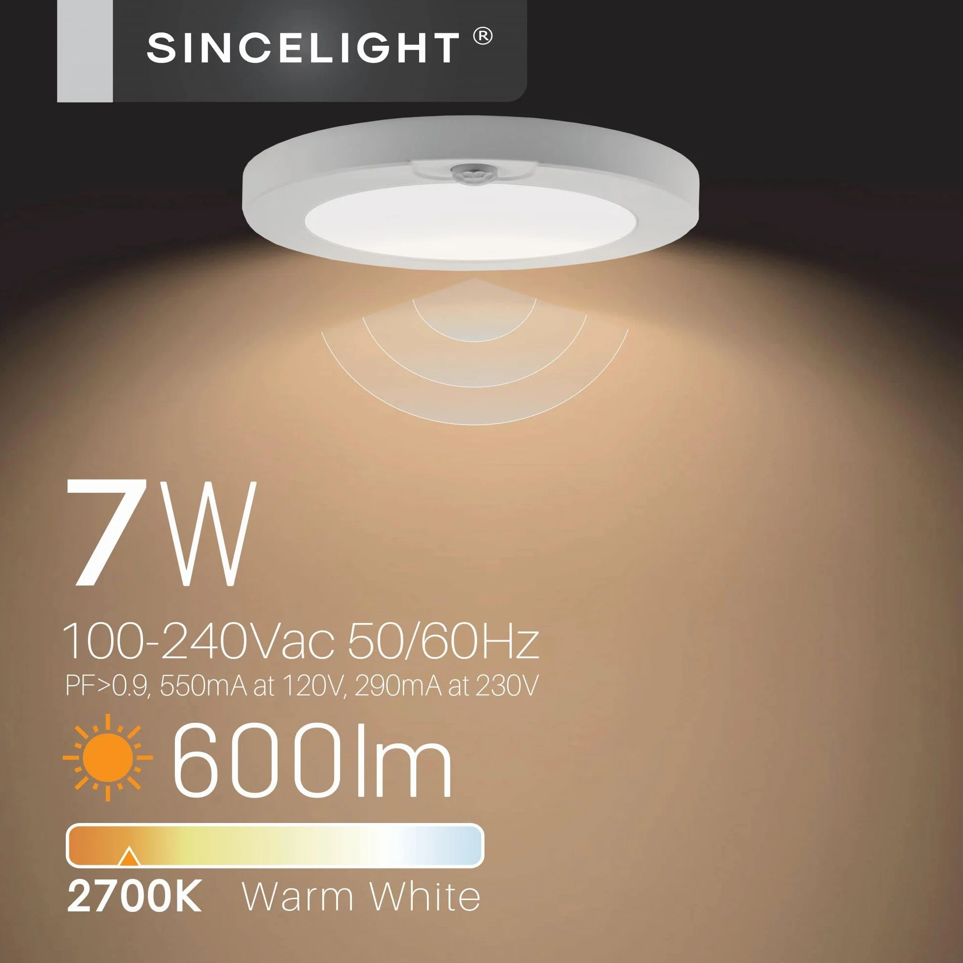 Lámpara de Techo LED 7W con Sensor PIR, Φ146mm, 2700K, Blanco Cálido, Armario Pasillo, Resistente Humedad