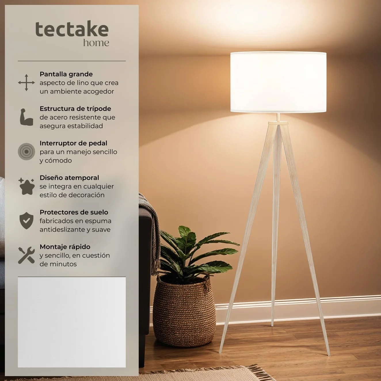 Tectake Lámpara de Pie Roble Trípode Acero Pantalla Lino Lectura Moderna