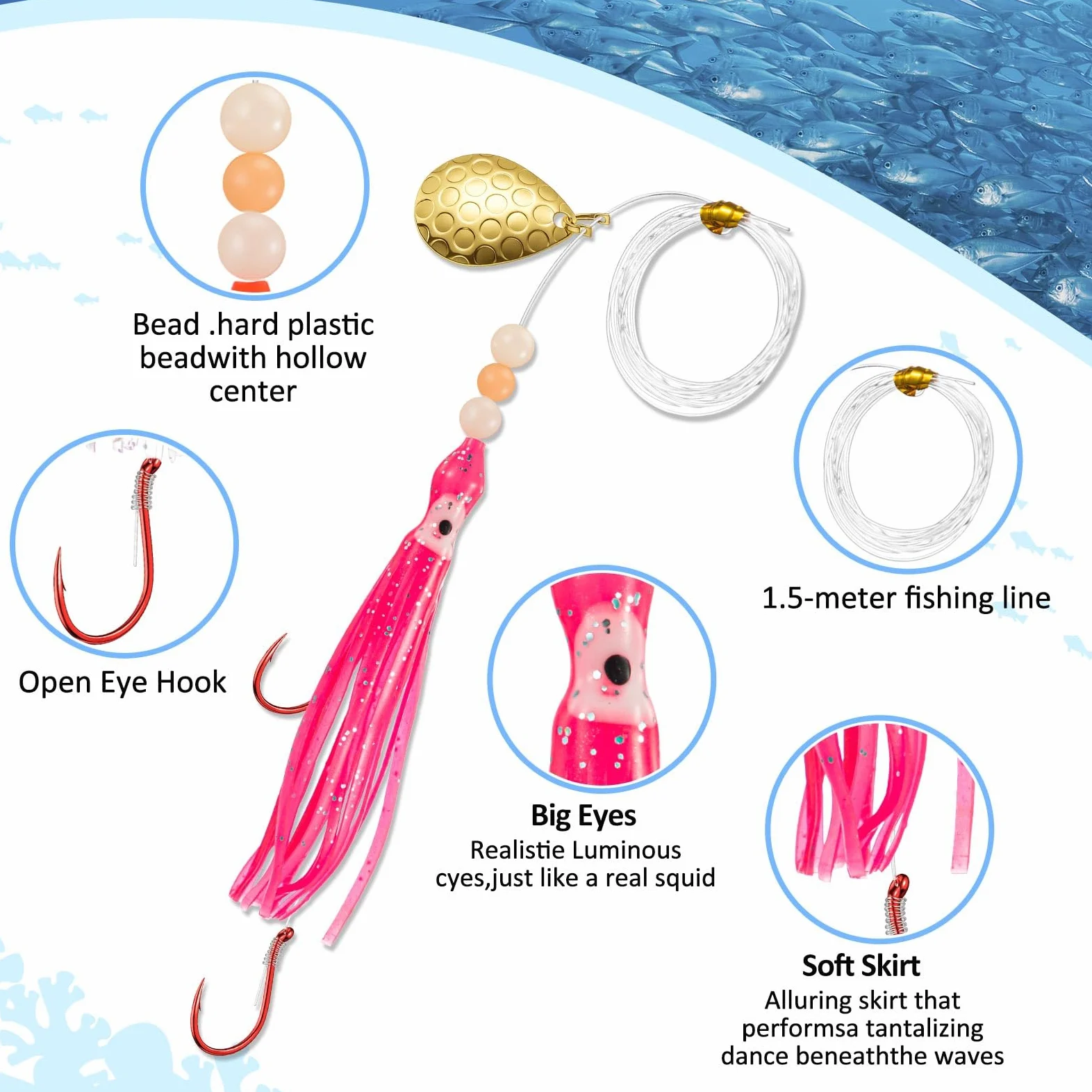 Glow Fresh Water Kokanee - Señuelos de salmón con ganchos de pulpo preaparejados, cuchillas giratorias, faldas sintéticas Kokanee Hoochies para pesca de salmón