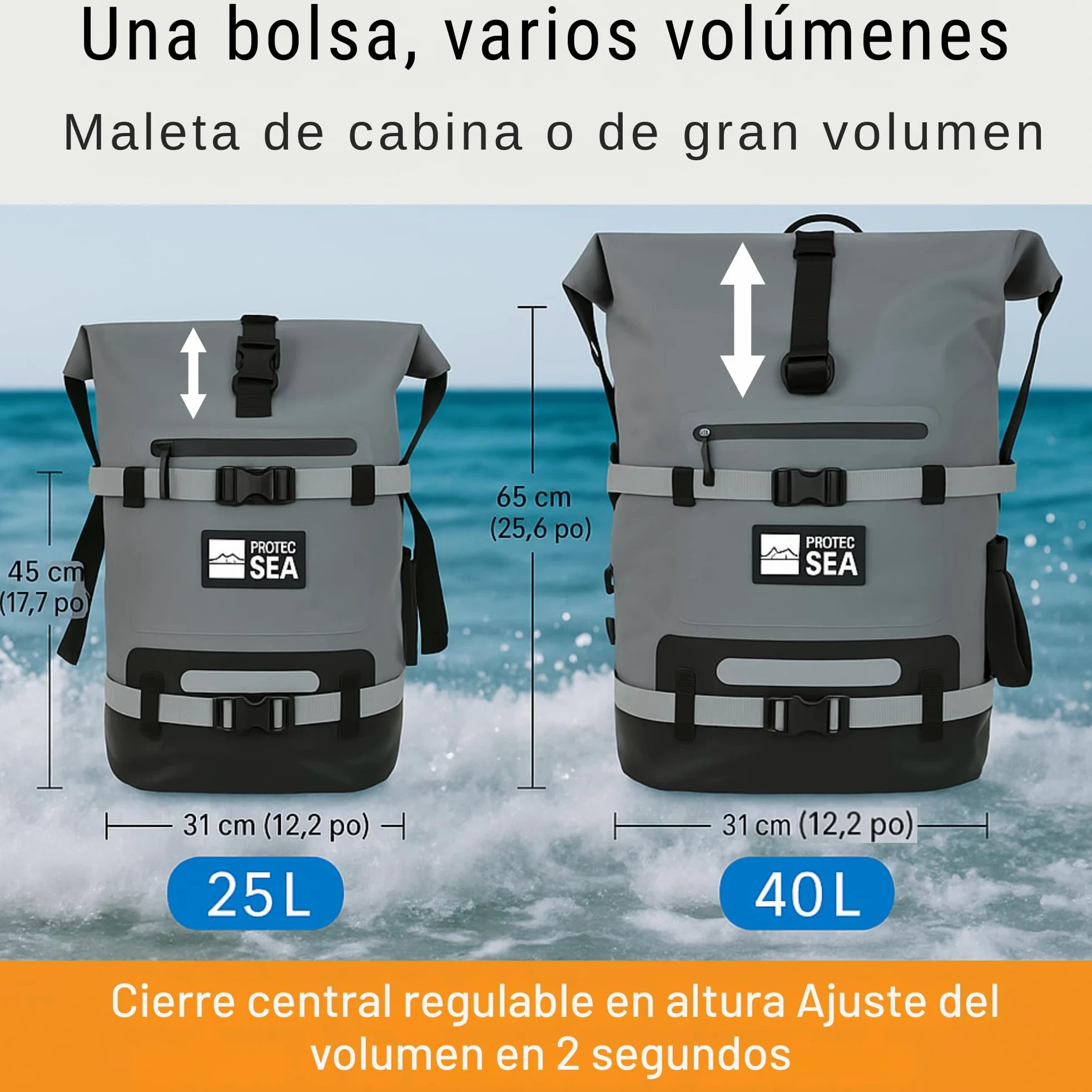 Mochila impermeable impermeable para senderismo, 25L-40L, volumen ajustable, cierre rápido, transporte cómodo, accesorios Molle, bolsillos impermeables, cinta reflectante, color gris