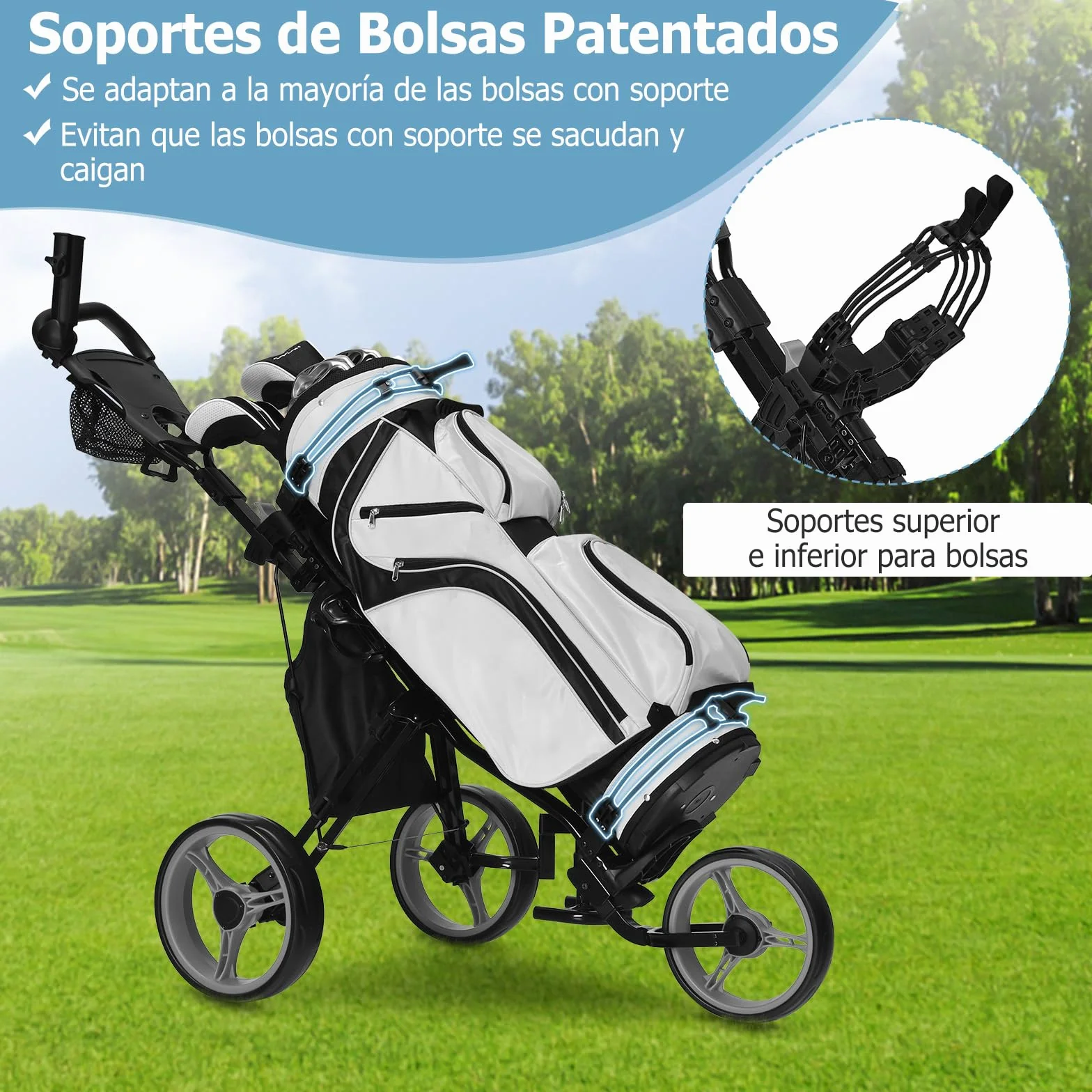 COSTWAY Carro de Golf Plegable 3 Ruedas con Altura Regulable, Asiento, Porta Paraguas y Bebidas