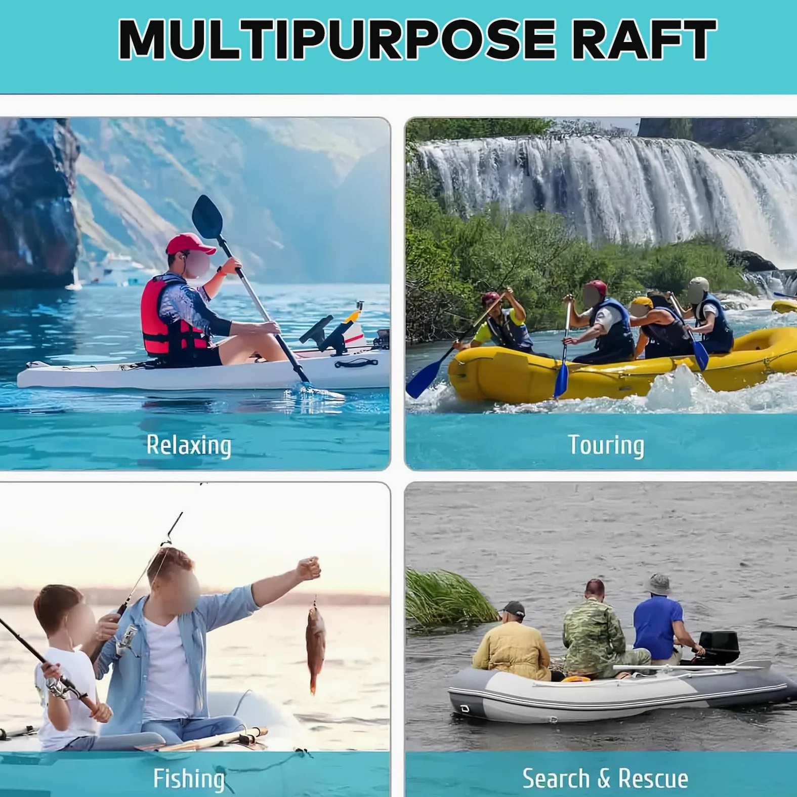 Kayak inflable para adultos, barco portátil para 3 personas con material grueso para rafting, pesca y rescate acuático
