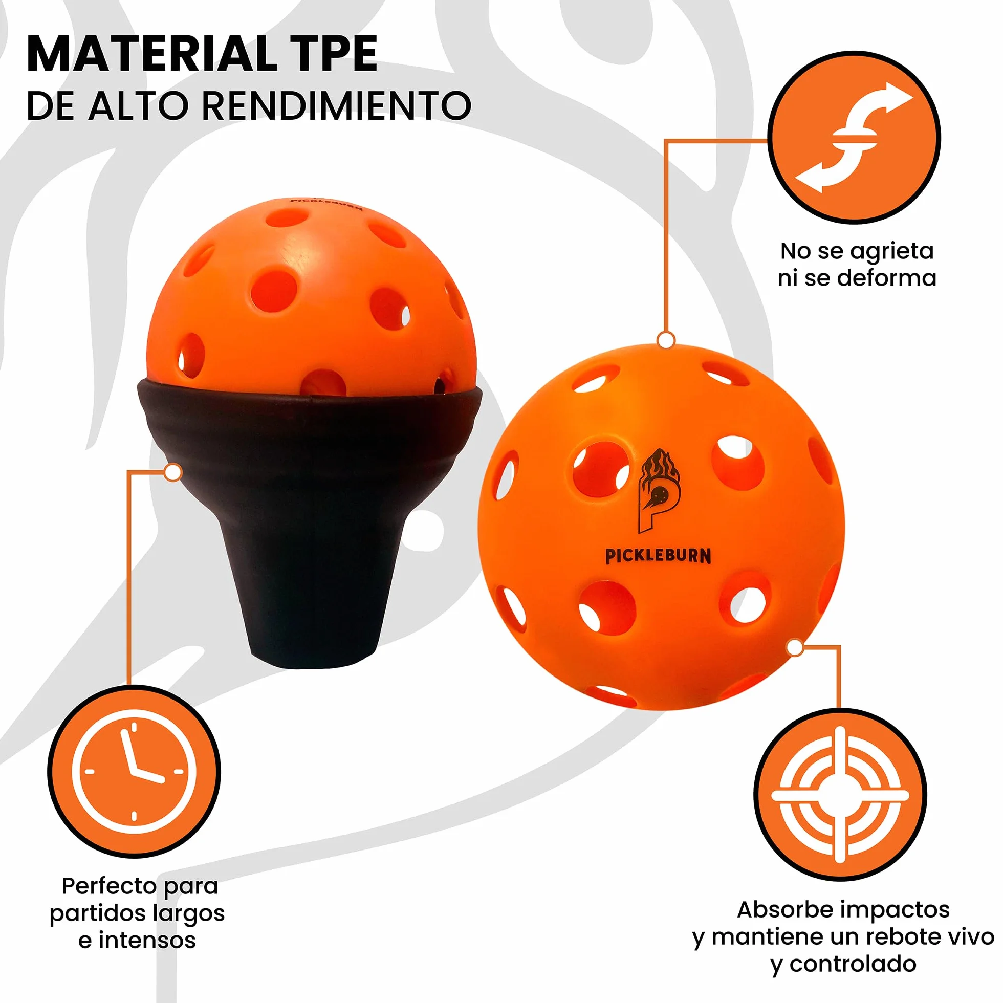 BurnCourt 40 - Bolas Pickleball Naranja Neón Pack de 6 Pelotas para Juego Exterior Outdoor 40 Agujeros Rebote Alto y Preciso con Bolsa y Pickers para Todos los Niveles