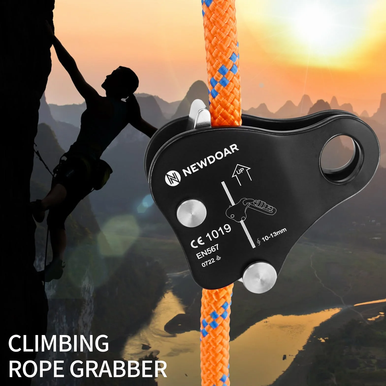 NewDoar Ascensor de agarre de cuerda 12KN ajustador elevación cuerdas 10-13mm rescate escalada roca Negro