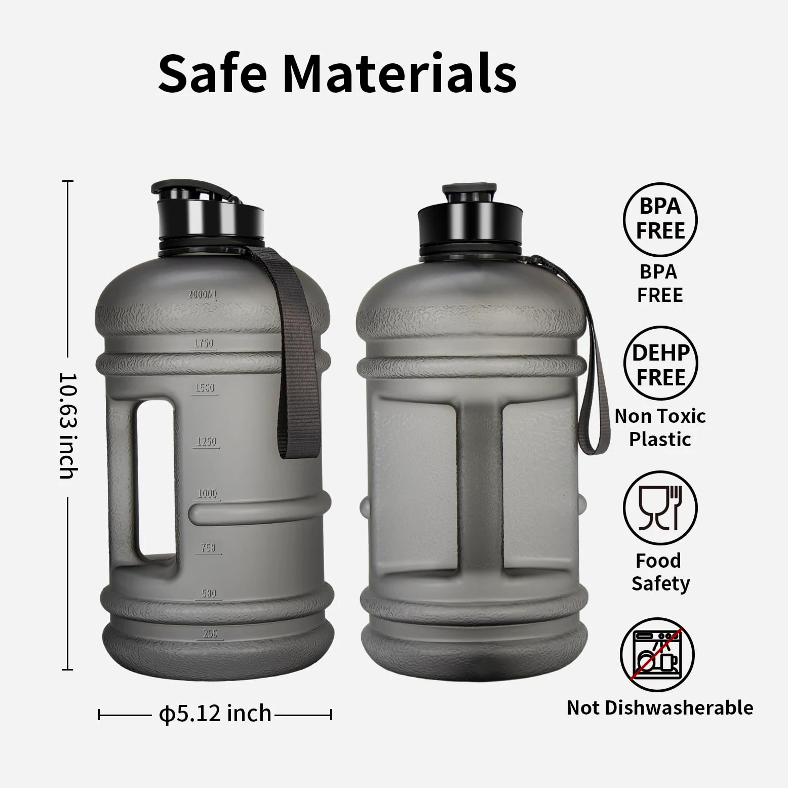 TOOFEEL Botellas de agua de 2 litros, botella de agua de medio galón sin BPA, ideal para gimnasio, jarra de agua de medio galón, botella de agua grande reutilizable con medidas marcadas, botella de