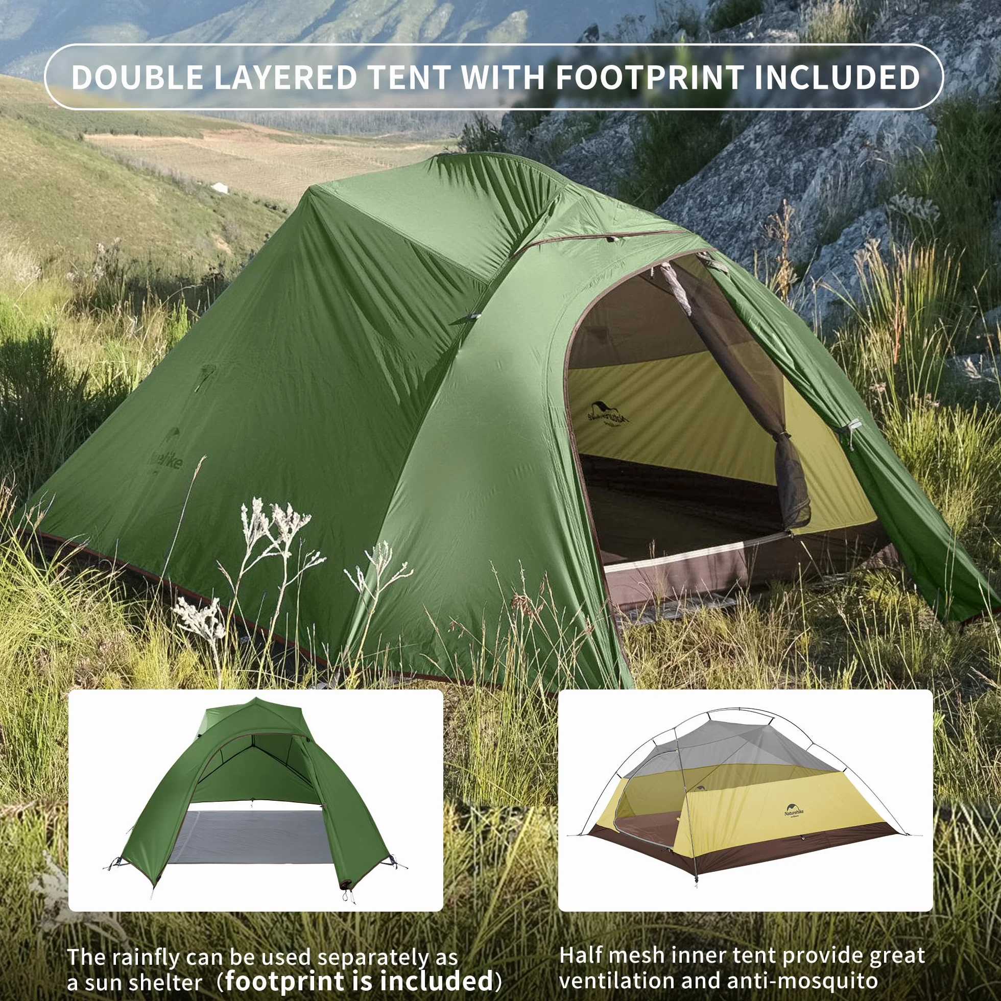 Naturehike Cloud-Up 3 - Tienda de campaña profesional ultraligera para 3 personas, mochileros, senderismo, camping, ciclismo