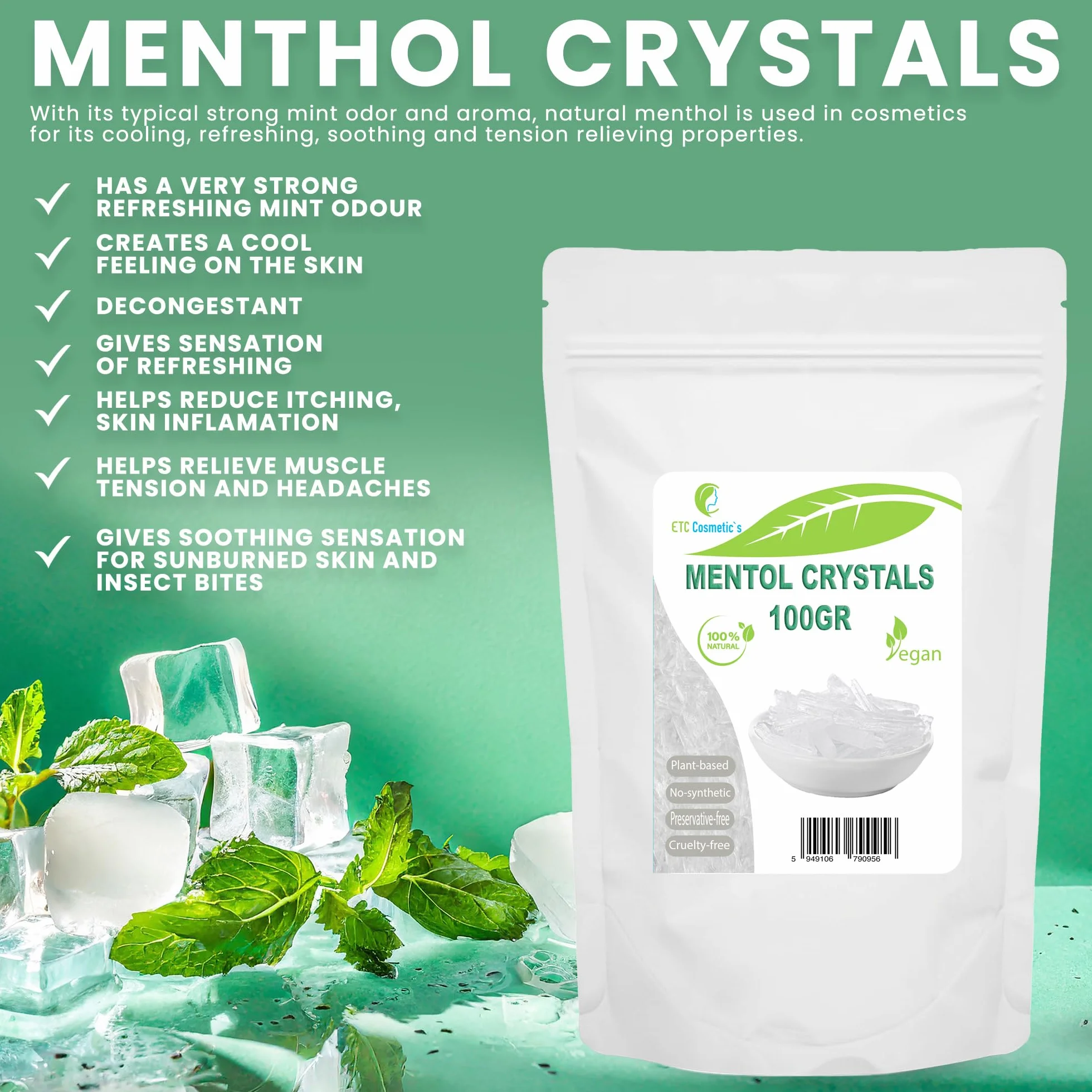 Cristales de Mentol 100 gr Efecto Refrescante Ingrediente Formulación Cosmética Sauna Aceite de Menta