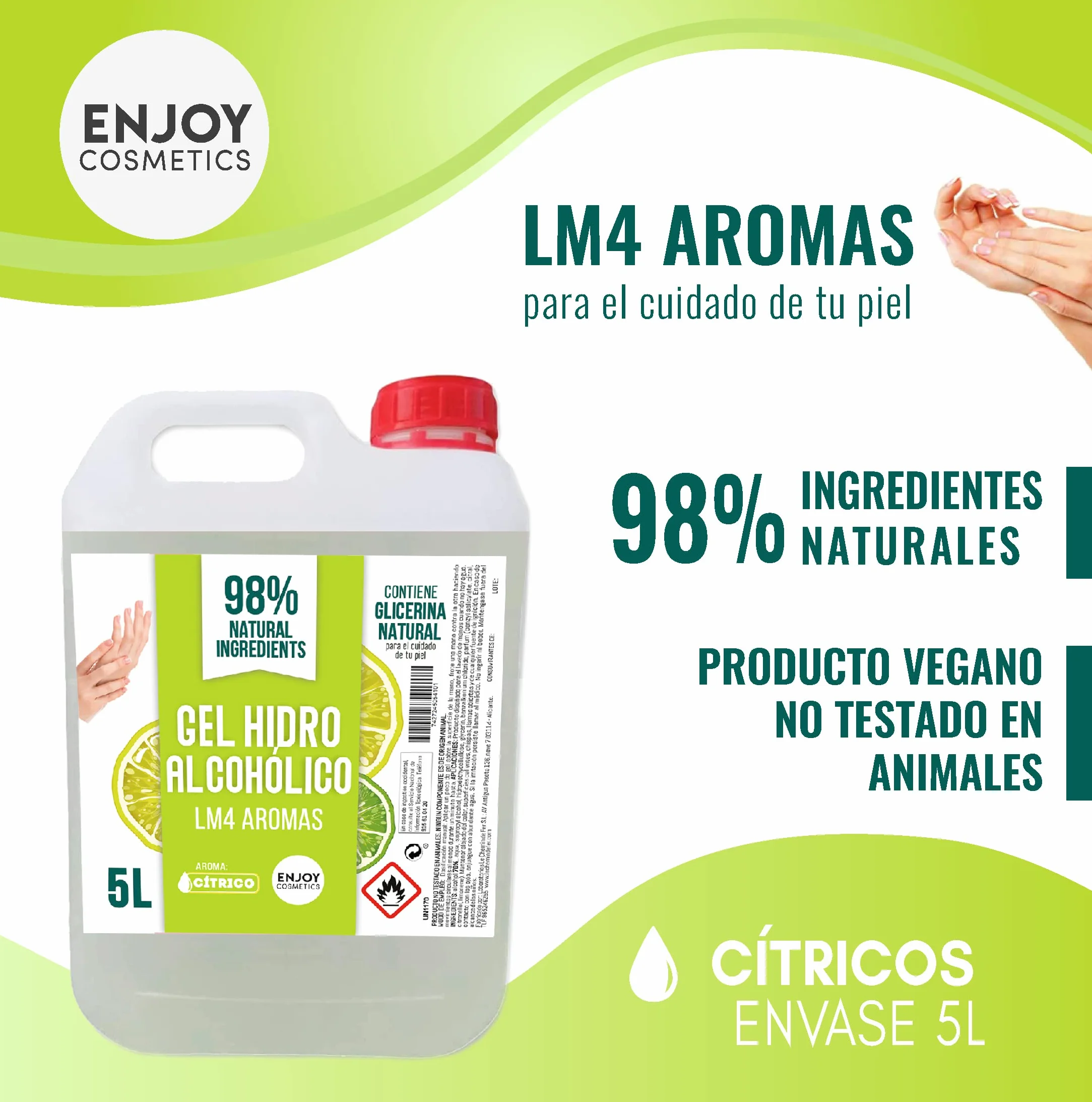 ENJOY COSMETICS Gel Hidroalcohólico Aroma Cítrico 5L 70% Alcohol con Glicerina Natural