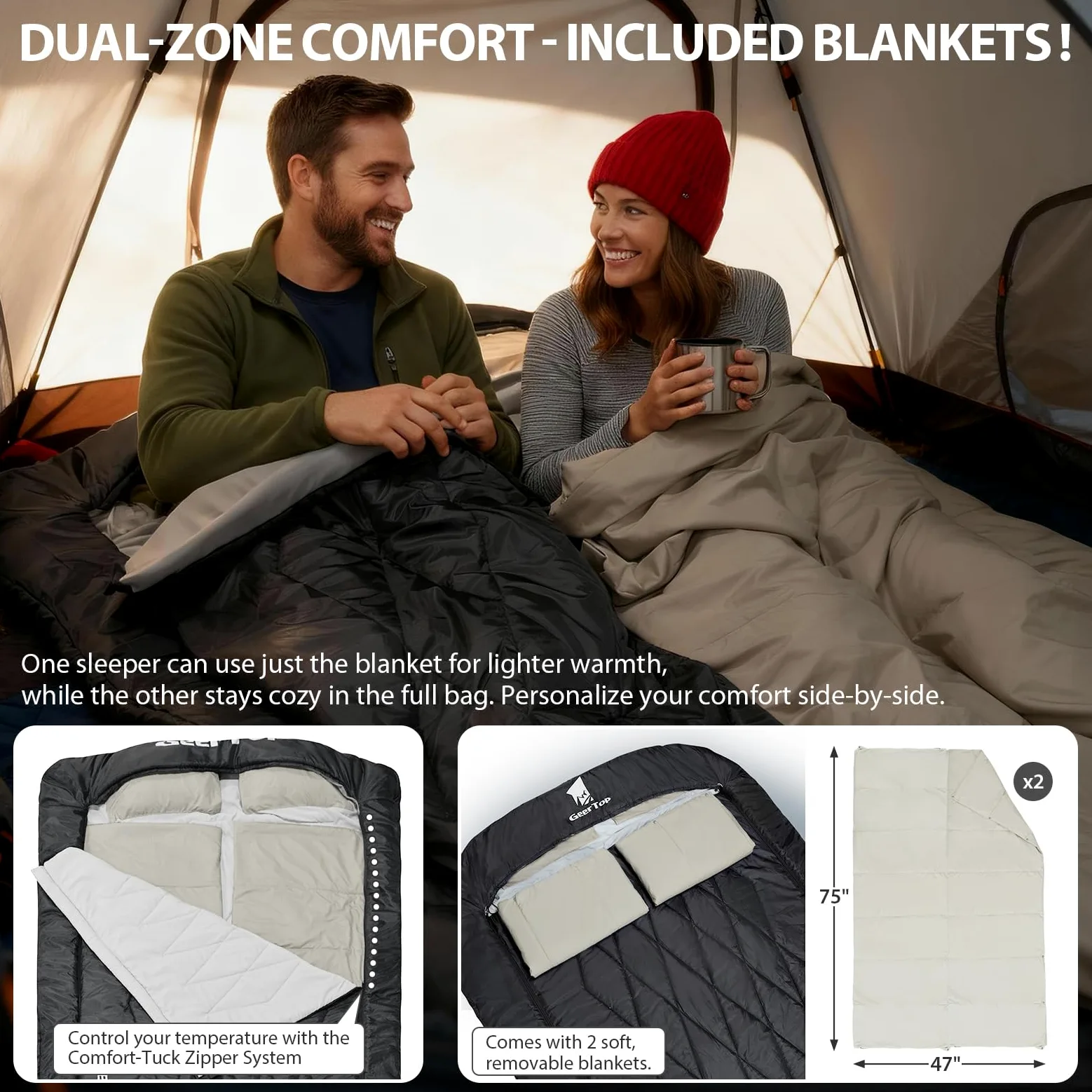 GEERTOP Saco de dormir doble para 2 personas, doble saco de dormir para adultos, para camping, mochilero, senderismo, con dos fundas de almohada y edredones