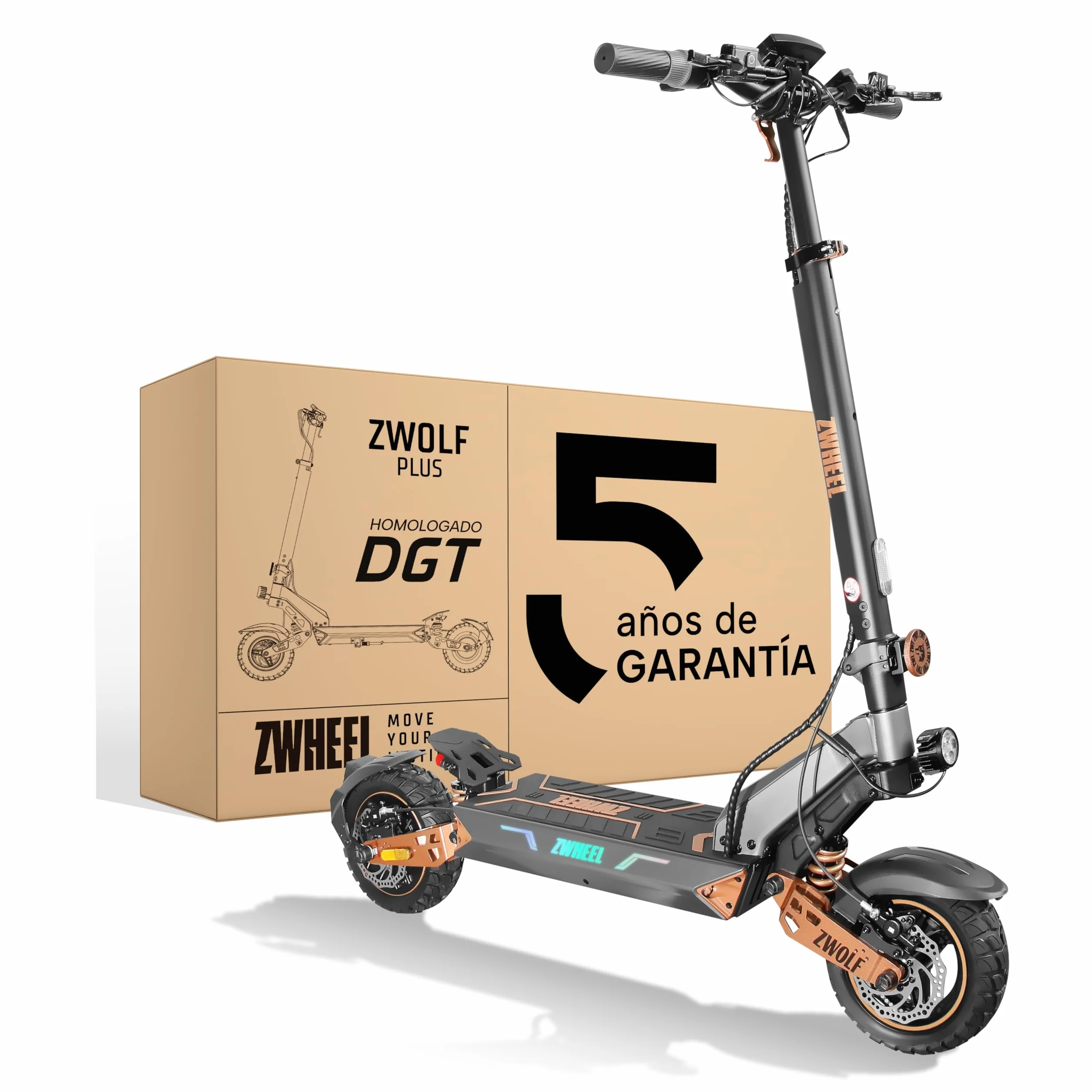 ZWHEEL ZWOLF | Patinete Eléctrico Adultos Homologado DGT - 500W-1000W MAX, 50-70km Autonomía, Geolocalización, Suspensión Híbrida Ajustable, Frenos Regeneradores AER - Ruedas 10" Offroad