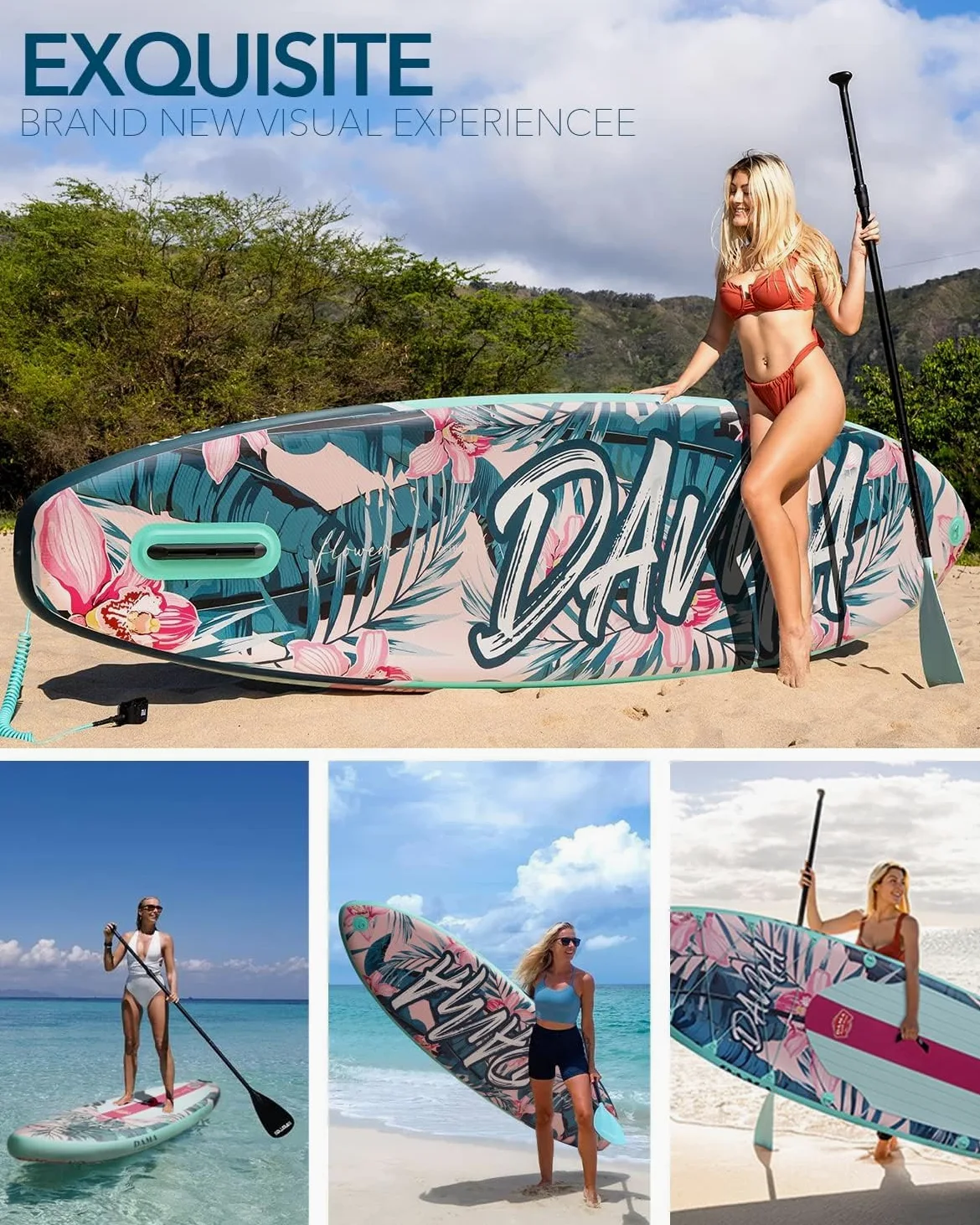 DAMA Light Flower Tabla de Paddle Surf Hinchable, Sup Paddle Board Inflable 320 x 81 x 15 cm, Antideslizante, hasta 145 kg, Remo Doble, Bomba, Mochila, Correa de Seguridad y Bolsa Estanca 5 L