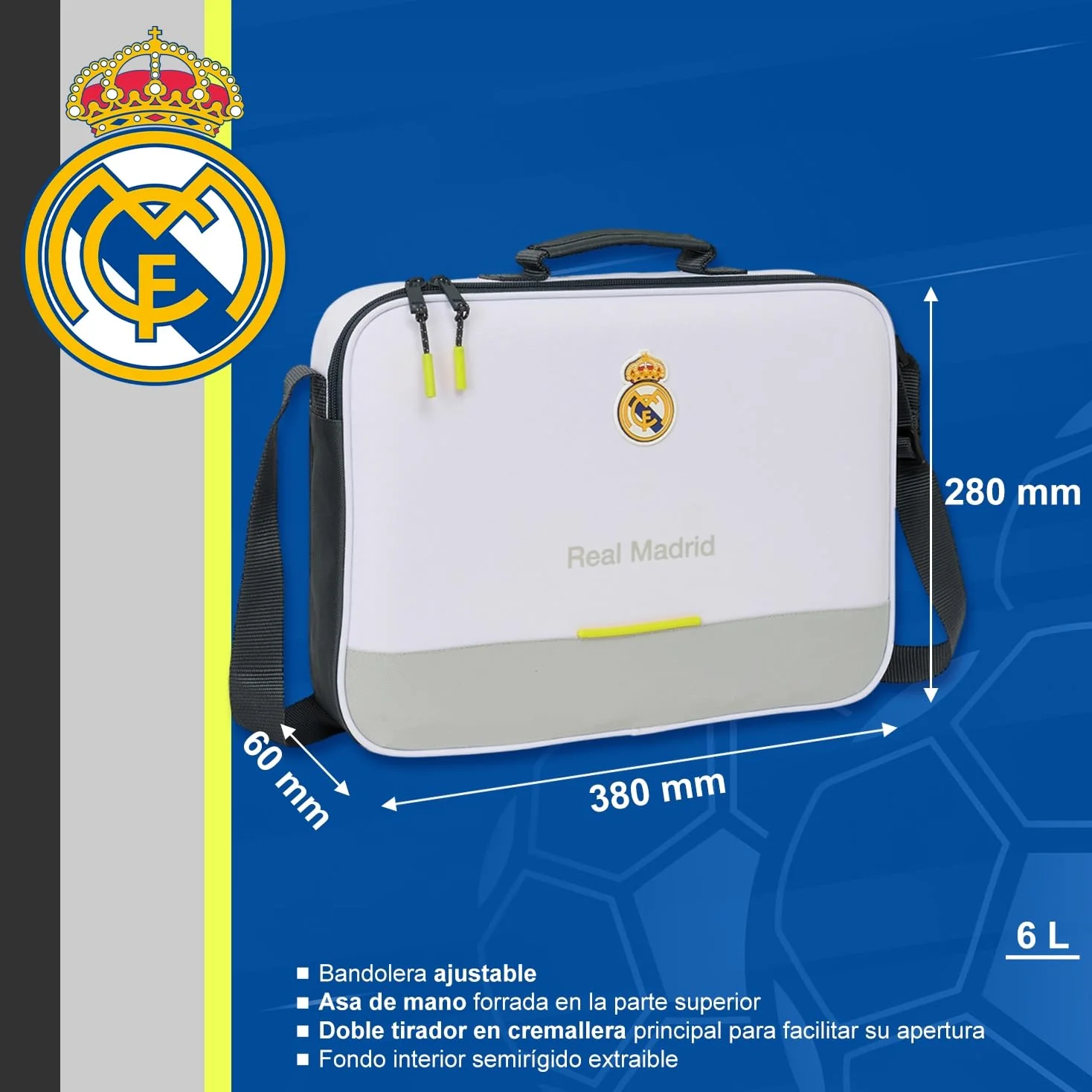 Cartera extraescolares Real Madrid equipación 25/26 para libros y material – Cartera extraescolares Real Madrid con asa para actividades y colegio