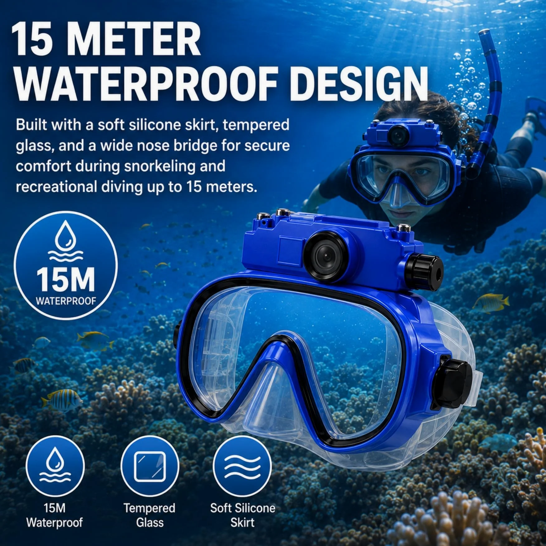 Gafas de Buceo con Cámara 2K, Impermeables hasta 15m y Lente Gran Angular para Snorkel