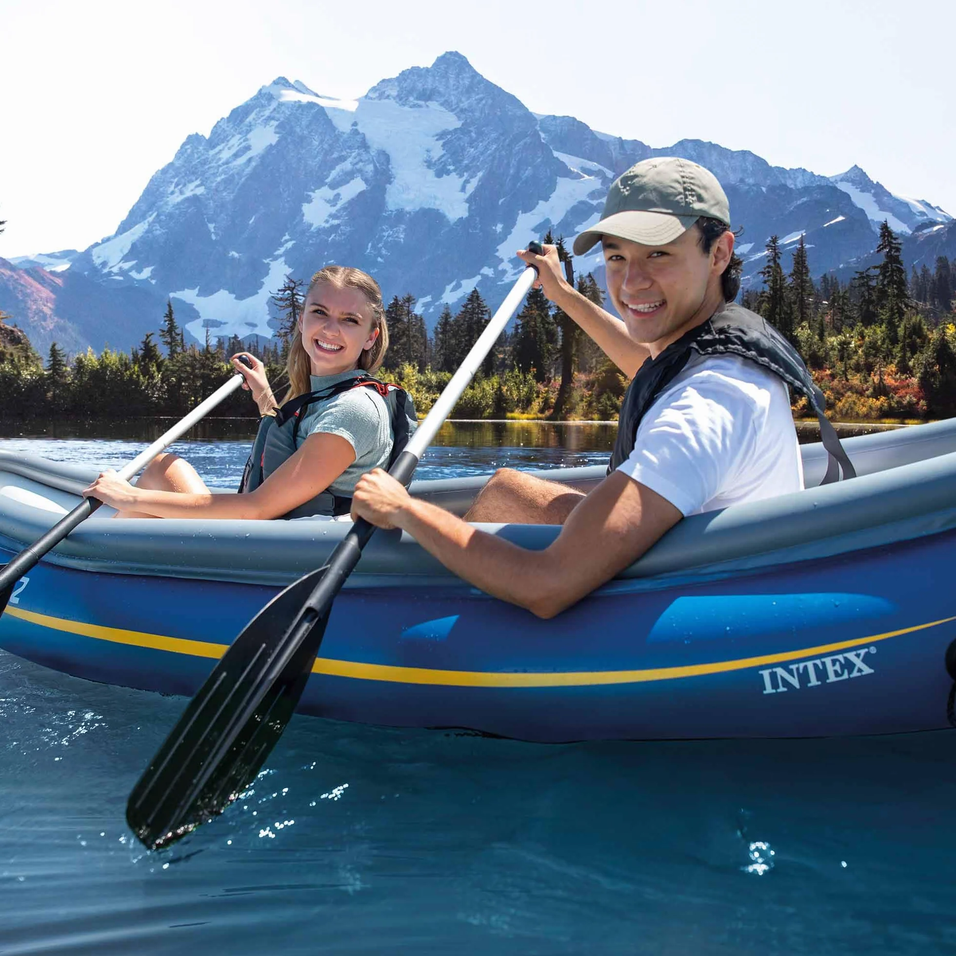 Intex Canoa Hinchable 2 plazas 89x307x53cm, Peso máx 180Kg, Asiento Hinchable Regulable con Respaldo, Bomba de hinchado, 2 remos, Cuerda de sujeción, quilla extraíble y Bolsa de Transporte (68389)