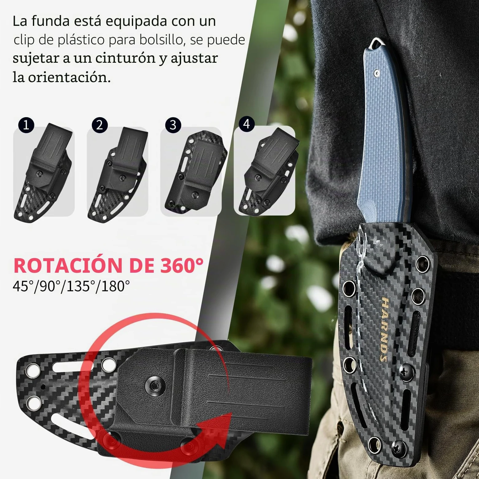 Harnds Tiburón Cuchillo de Hoja Fija para Outdoor con Funda Kydex Hoja de Acero D2 Ideal Cuchillo de Camping Cuchillo de Supervivencia Premium Cuchillo Bushcraft (Gris - Satín)