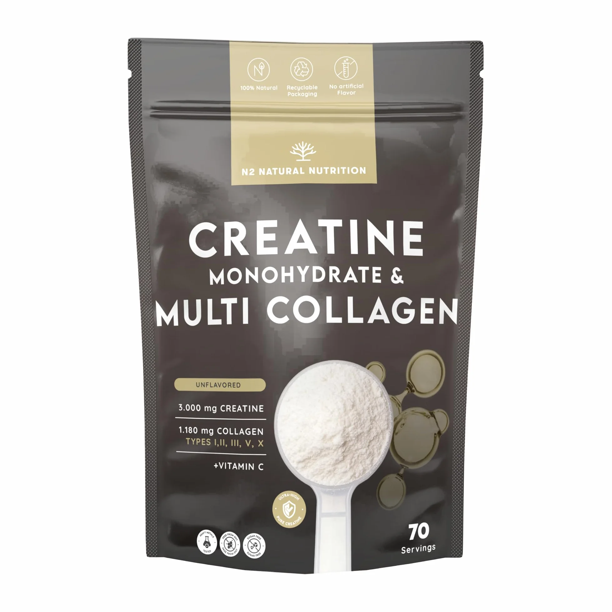 N2 Natural Nutrition Creatina Monohidratada + Multi Colágeno Hidrolizado con Vitamina C en polvo 3000mg 70 Dosis