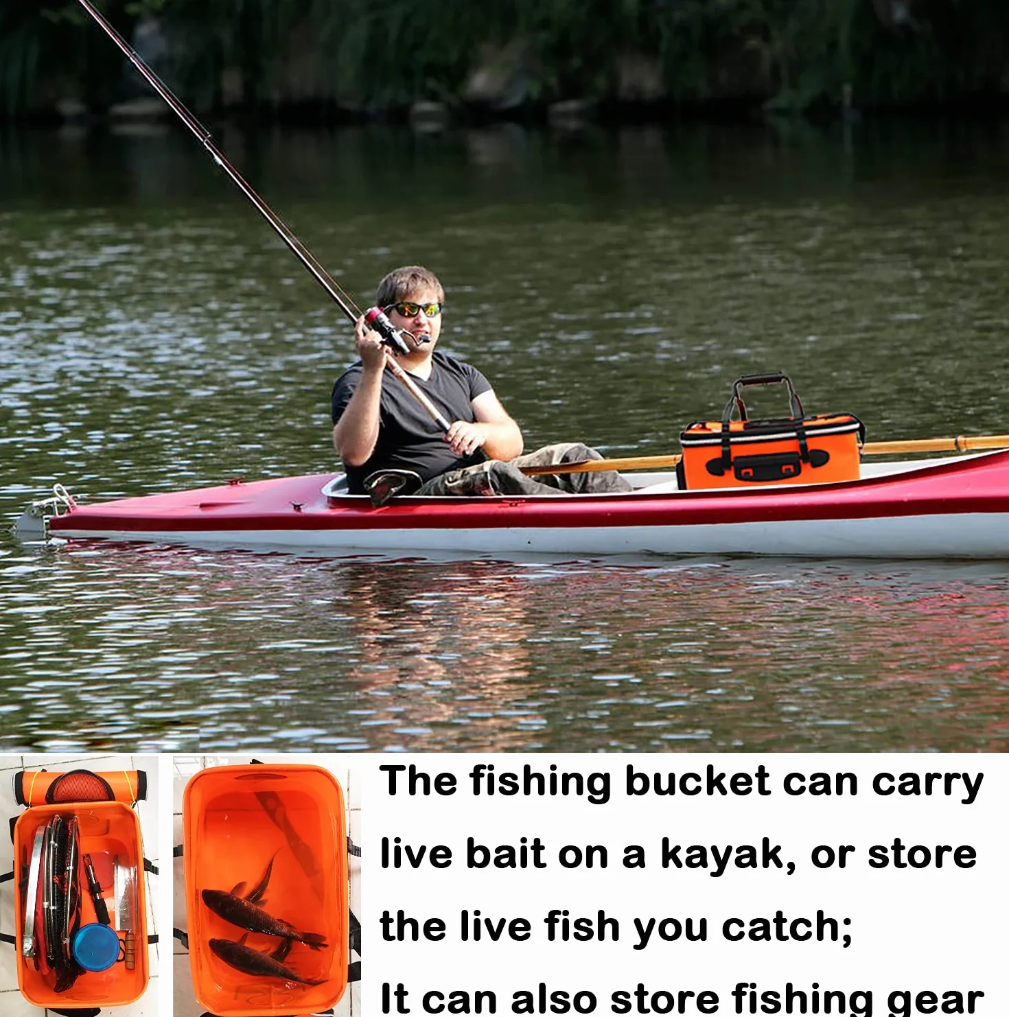 Cubo de Pesca,Cubo de Cebo de Pesca Plegable Portátil, Contenedor de Cebo de Pesca Vivo Multifuncional, Bolsa de Pesca de EVA para Acampar al Aire Libre y Cubo de Protección de Peces (Naranja, 30L)