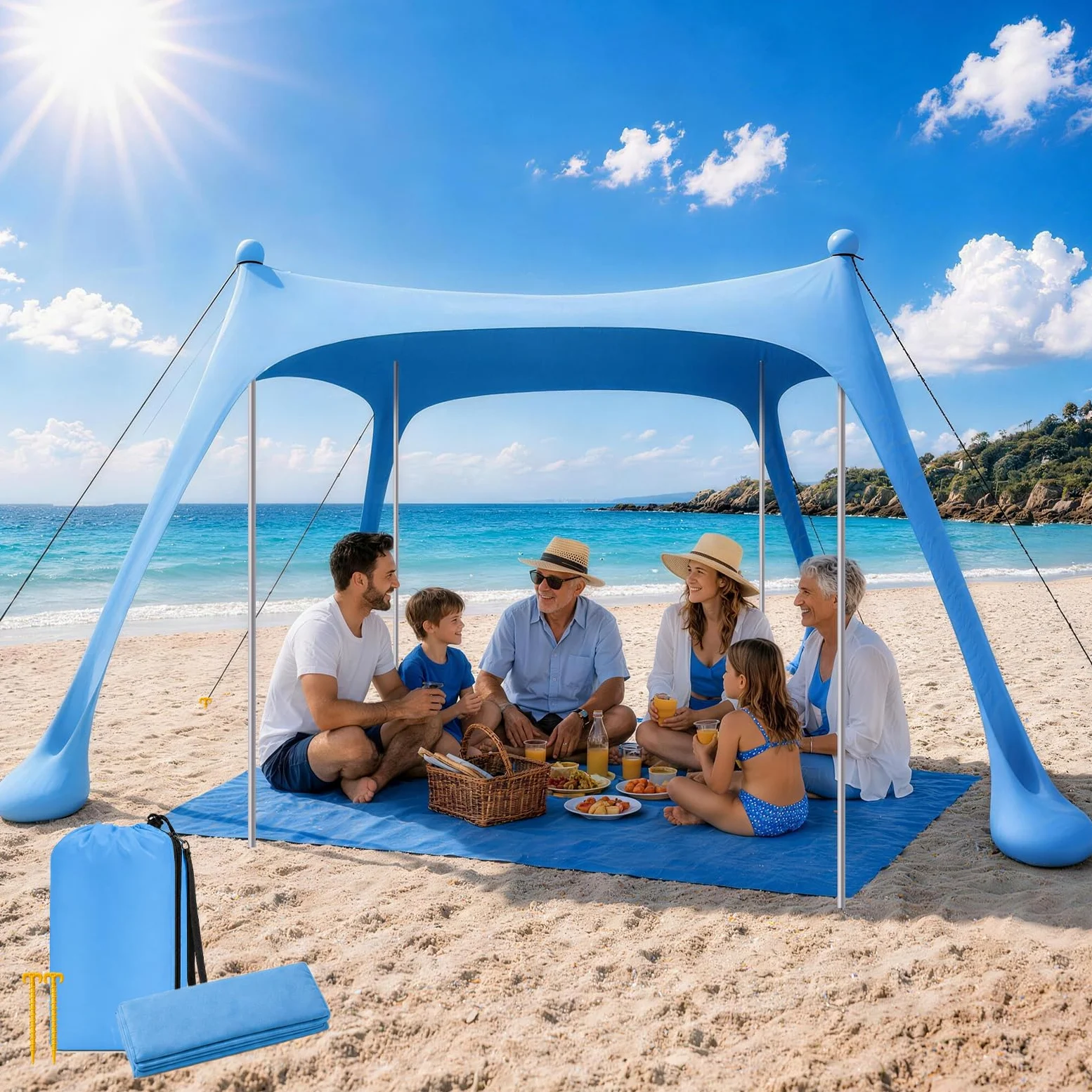 Tienda de Playa UPF50+ con Esterilla, Toldo Solar Antiviento Portátil | Refugio con Anclajes de Arena y Barras de Aluminio, Fácil Montaje para Camping, Playa y Picnic, 10x10FT Azul Cielo