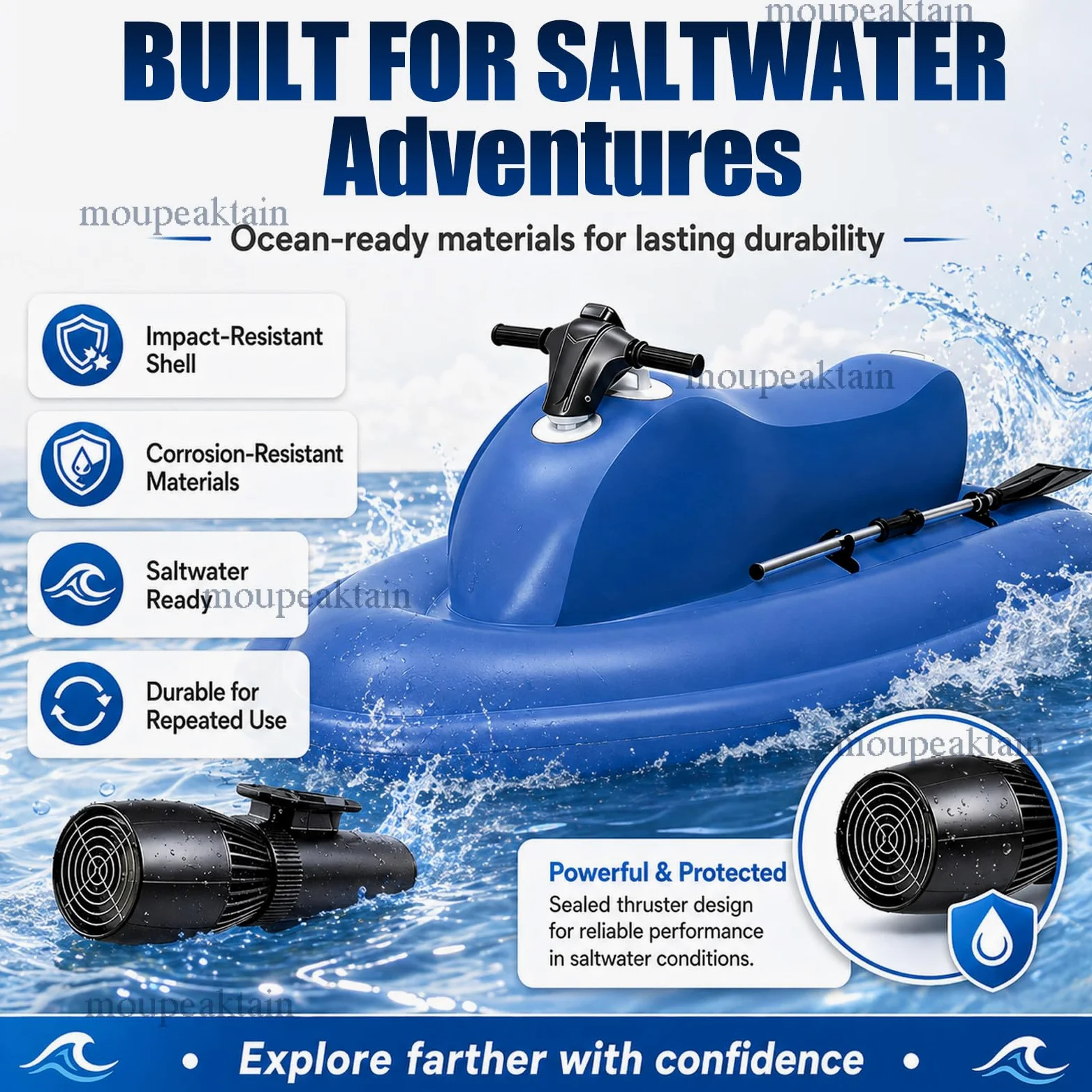 Barca Hinchable 2 Personas con Motor, Jet Ski & Scooter Submarino 500W/700W con Marcha Atrás, Velocidad 3–9 km/h, Motos Electricas Adultos, Ideal para Lago, Mar y Snorkel 16A