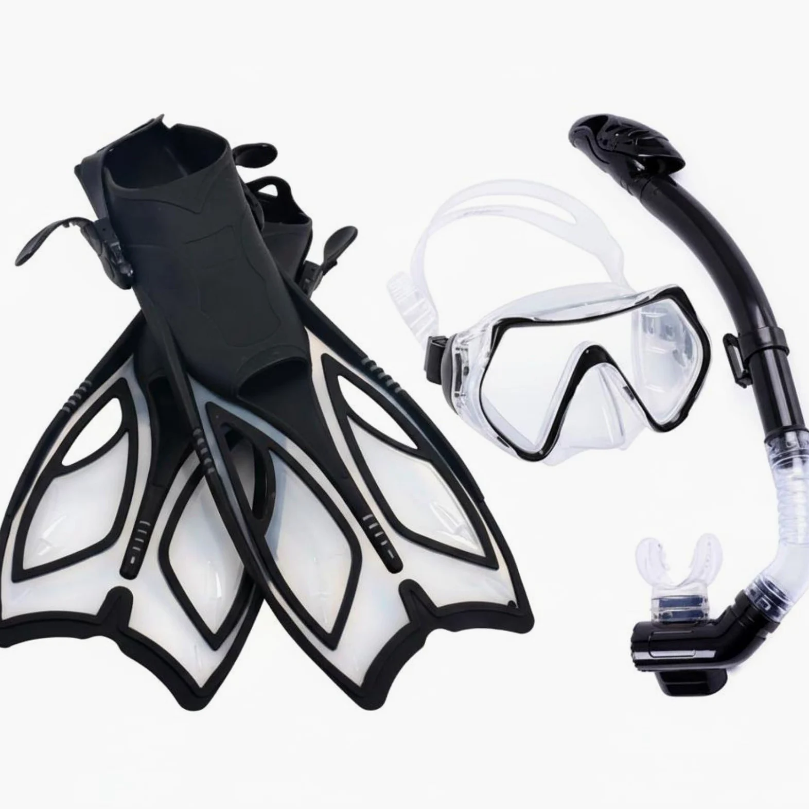 KESOTO Aletas y Máscara Juego de Buceo Completo Gafas Marco Amplio Silicona Agradable Piel Tubo Seco con Válvula Aletas Ajustables Fácil Transporte Adecuado, Negro, S