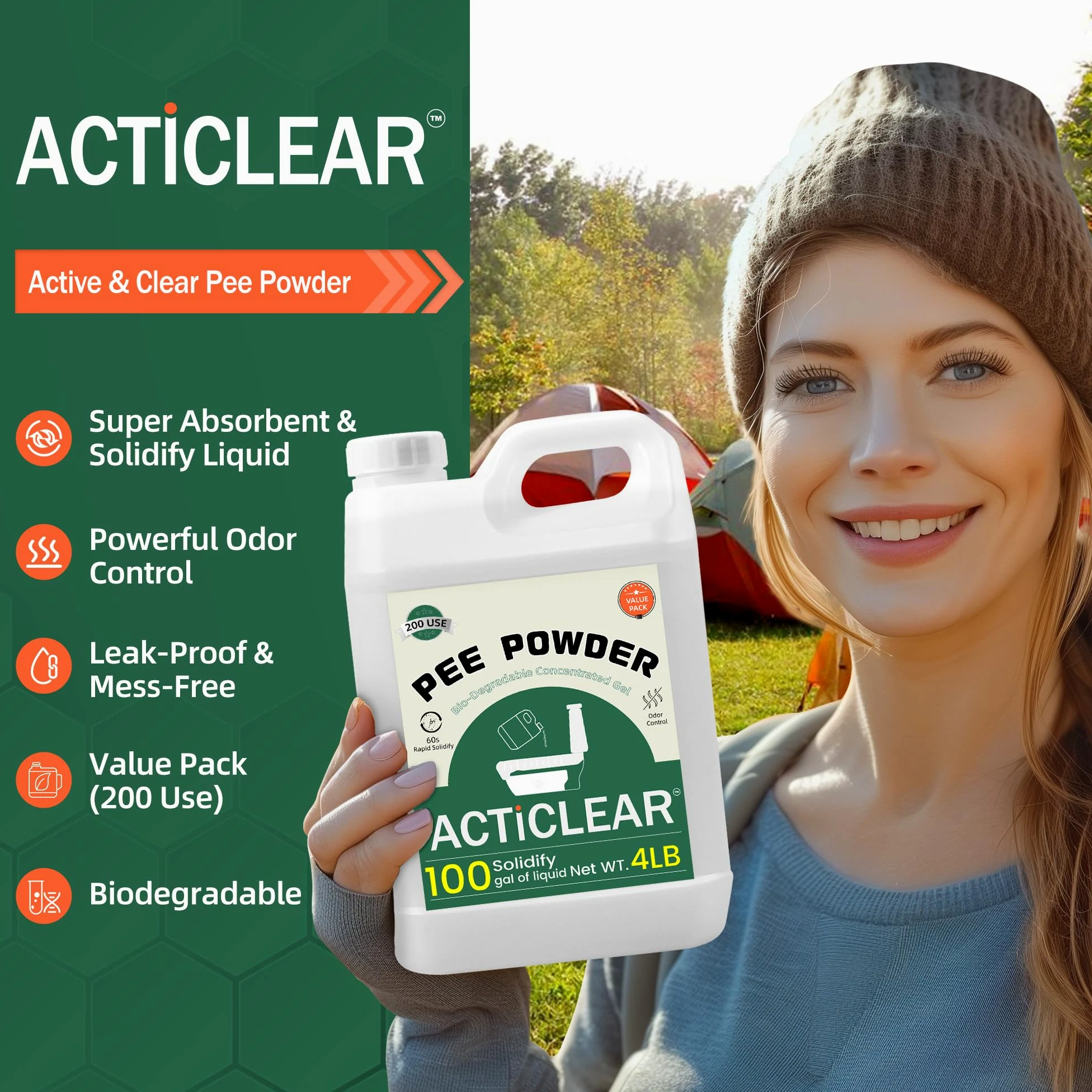 Pee Powder Gel – 2/4 libras rápida absorción en 60 segundos y neutralizador de olores para inodoros portátiles, camping y artículos esenciales al aire libre