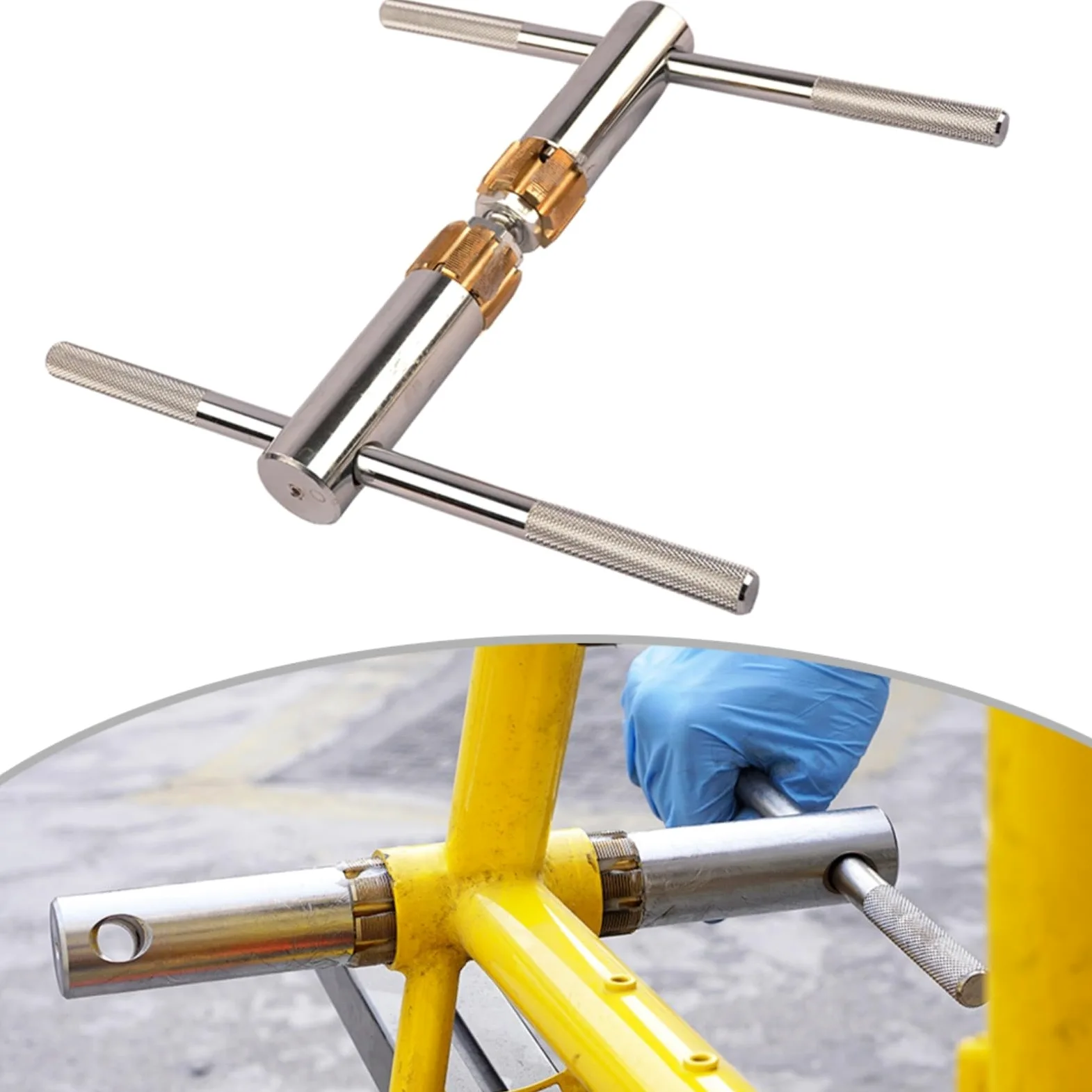 1 Unidades Bicicleta Pedalier Rosca Rosca Herramienta con Machos Reemplazables para Fresado e Inspección, Mango Antideslizante, Acero Inoxidable, Plata+Oro para Reparación de Ciclismo
