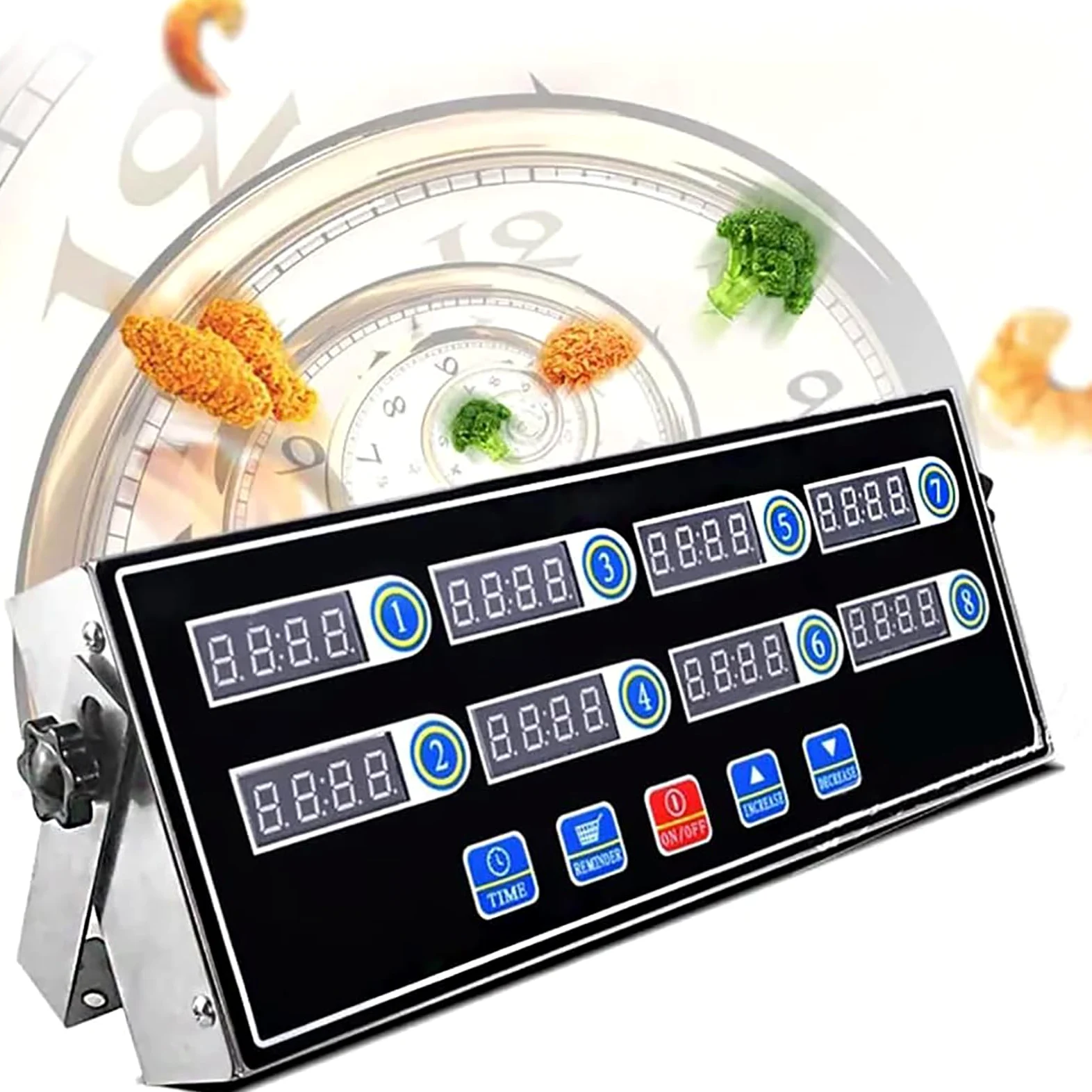 Temporizador de cocina comercial, 8 canales, de acero inoxidable con pantalla LED, recordatorio de vibración de 3 niveles y volumen ajustable, temporización precisa y larga duración de la batería.