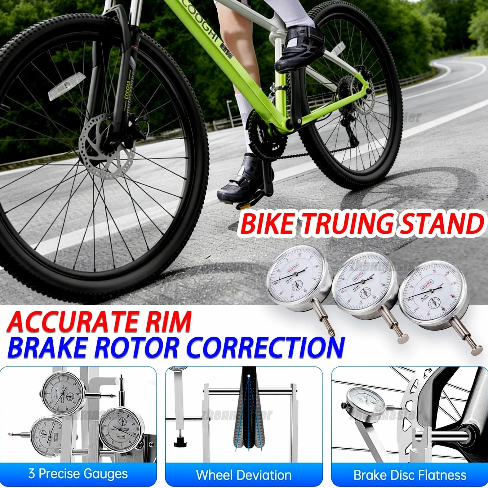 Soporte para Centrar Ruedas de Bicicleta, Herramienta Profesional para Reparación de Llantas con 4 Cojinetes y Llave de Radios Multitamaño, Admite Ruedas de 16 a 29 Pulgadas, para Bicicletas(Blue)