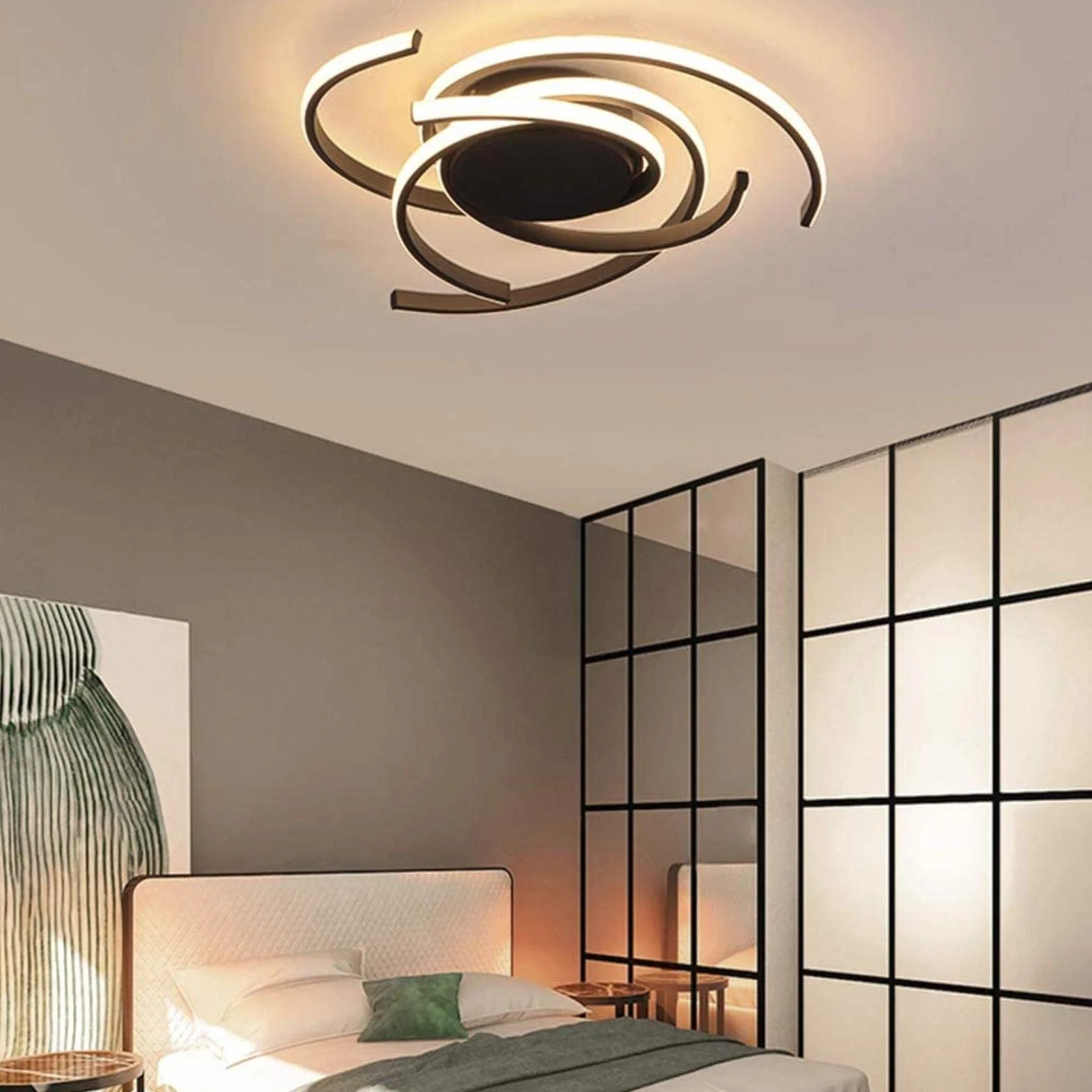 Lámpara de techo LED regulable con control remoto, araña de acrílico y metal, diseño flor espiral, negro