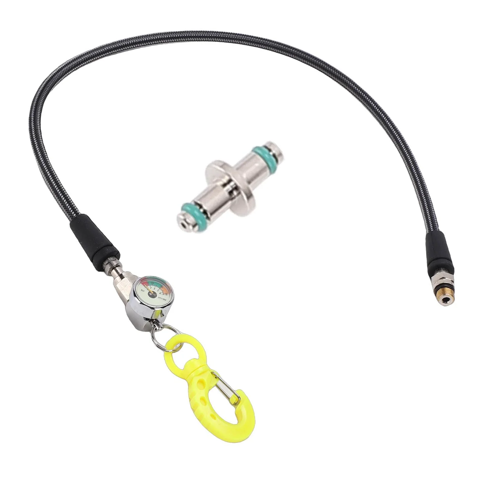 Medidor de Presión de Aire Sumergible con Manguera |Esfera Luminosa, Chaqueta de Fibra de Carbono, Gancho BCD para Equipo de Buceo (65CM)