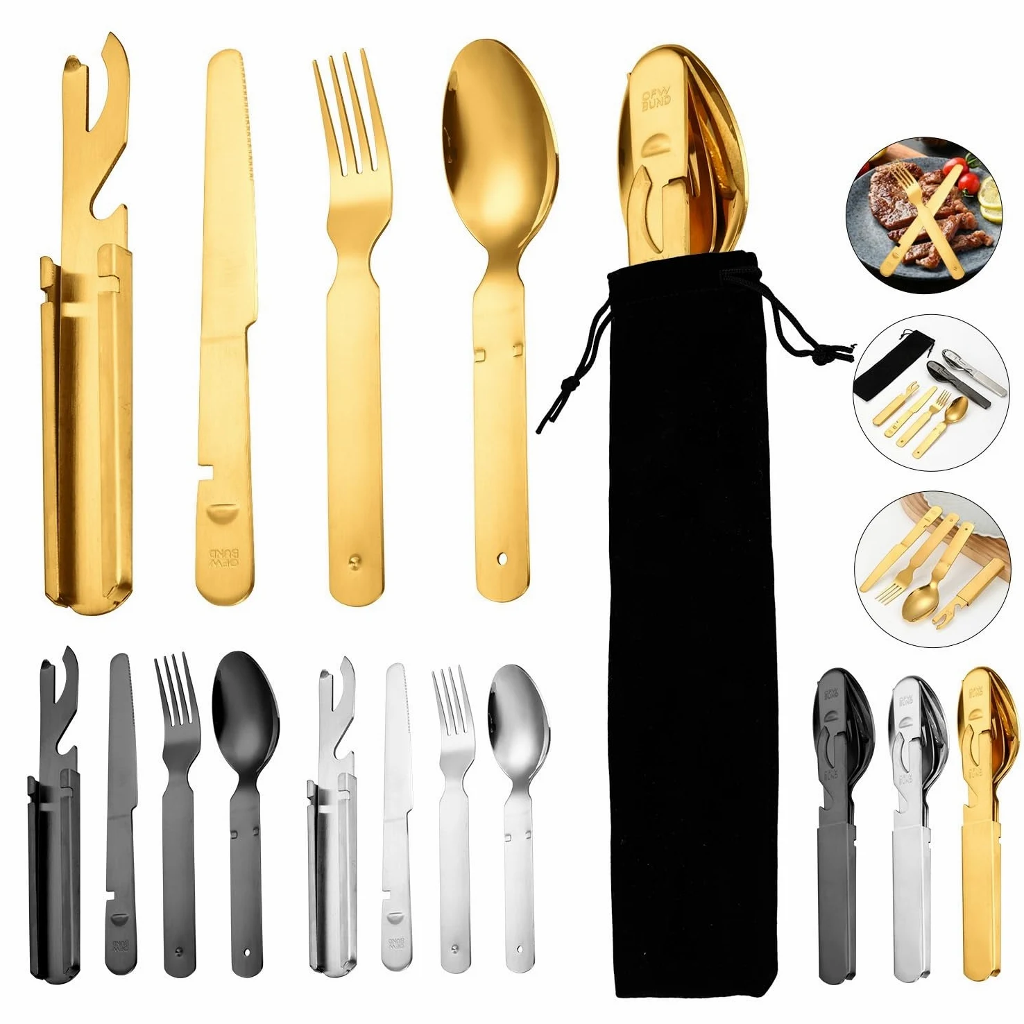 Juego De Cubiertos De Plata, 4/16/24/32/40/48 Piezas, De Acero Inoxidable, para Exteriores, Portátil, De Viaje, Plegable, con Cuchillo, Tenedor Y Cuchara, Multi,Black-48 Pieces for 12