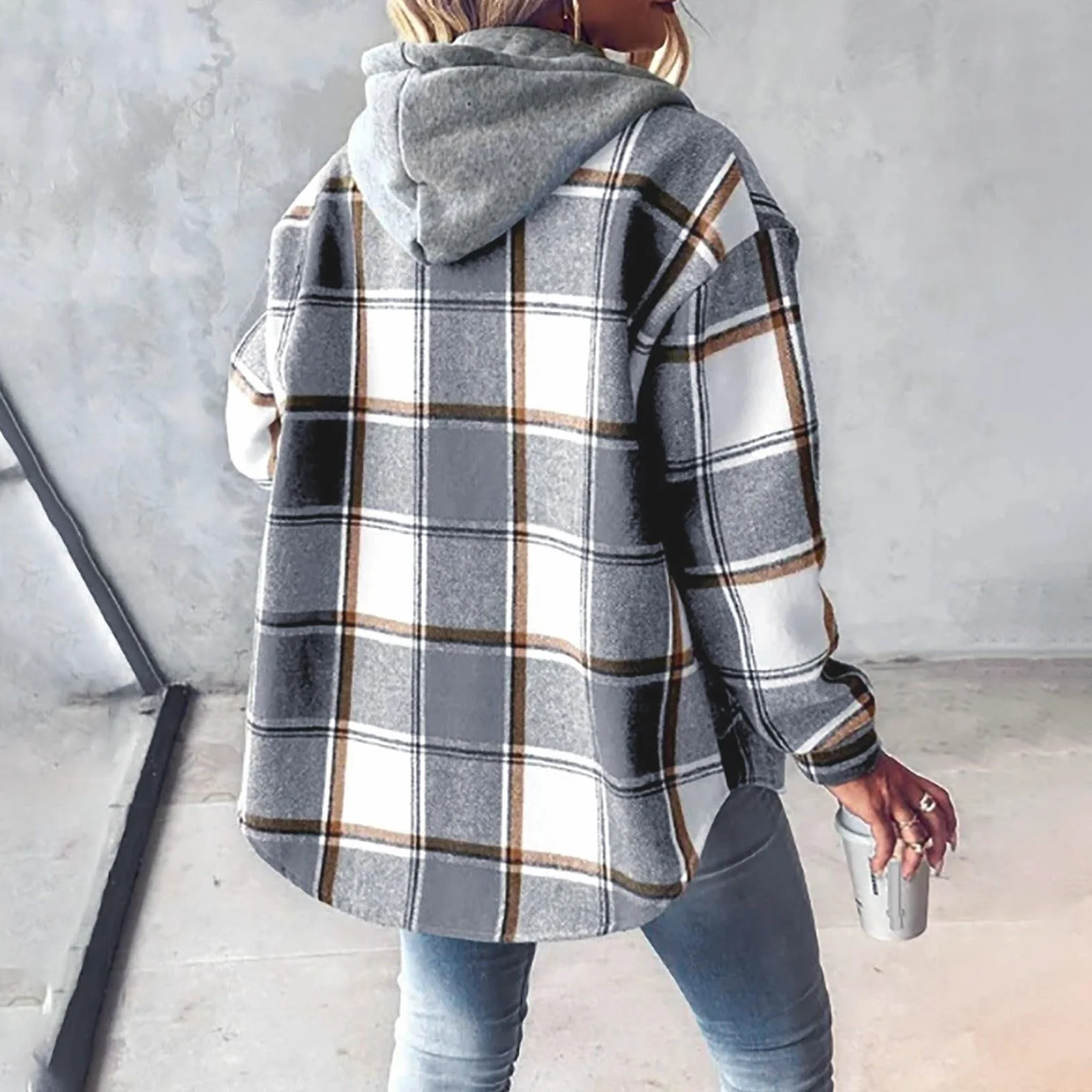 Abrigo a cuadros para mujer, chaqueta de entretiempo a prueba de viento, cortavientos cálido