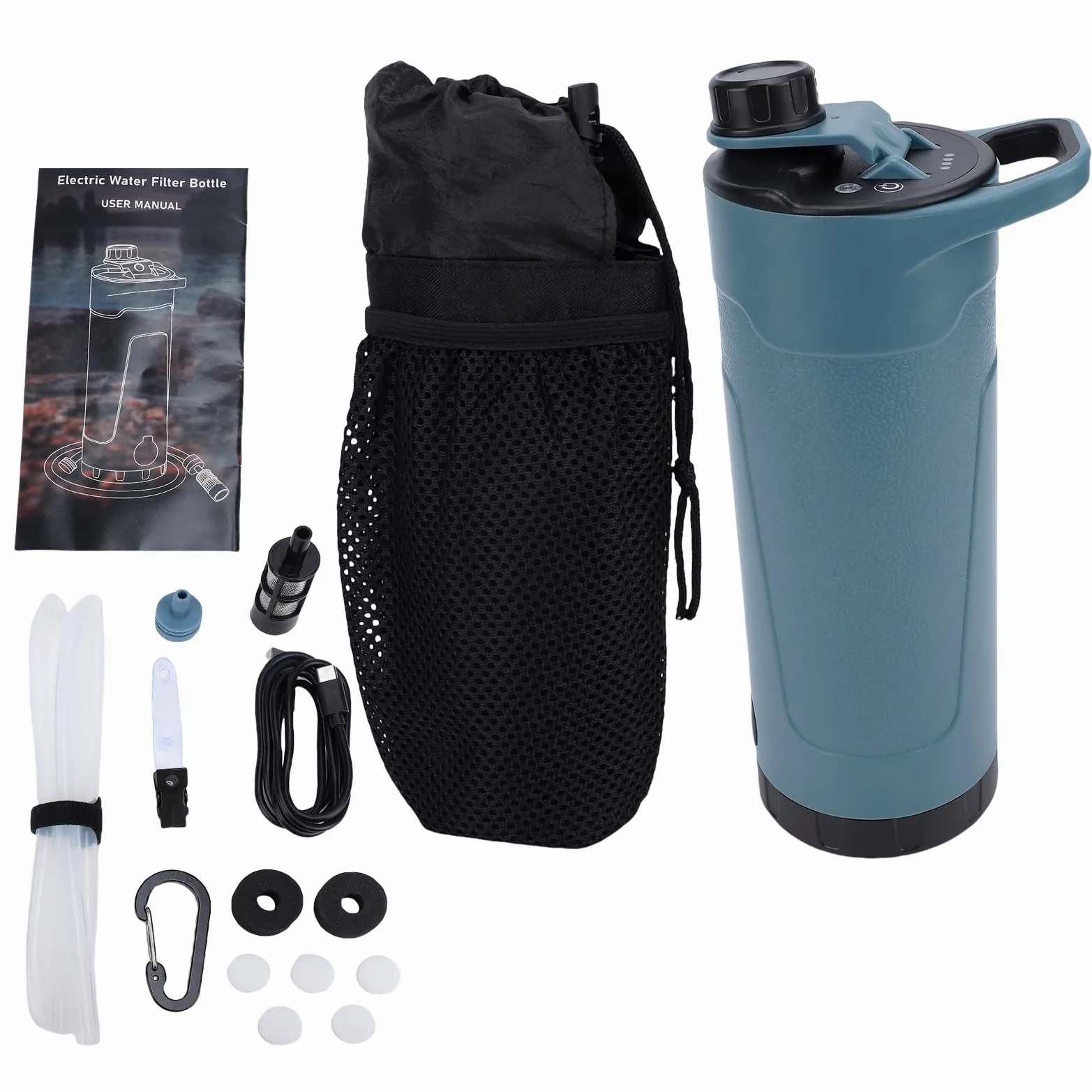 Botella de agua eléctrica portátil, purificador de agua filtrada de 650 ml con batería recargable tipo C 2600 mAh y manguera extendida, para actividades al aire libre,