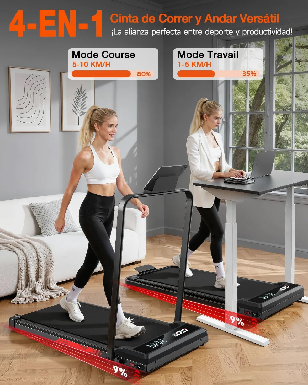 Cinta de Correr 4 en 1 Plegable con Inclinación 9% – Caminadora Eléctrica Silenciosa 10 km/h, Motor 3,0 CV, Sistema de Amortiguación, Pantalla LCD, 140 kg Máx – Hogar, Oficina y Fitness en Casa